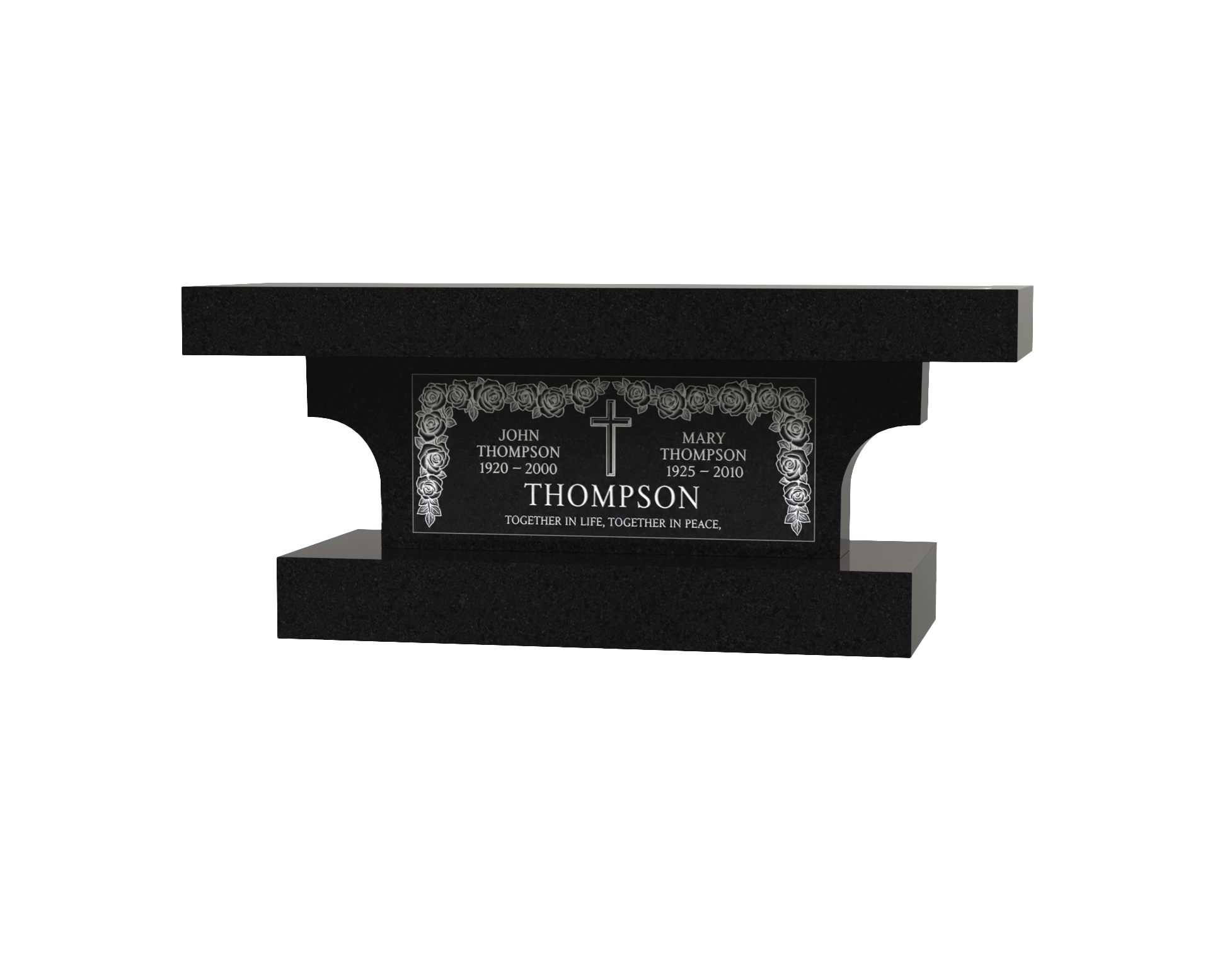 Luxury Companion Granite Memorial Bench with Sculpted Pedestal & Cross Motif