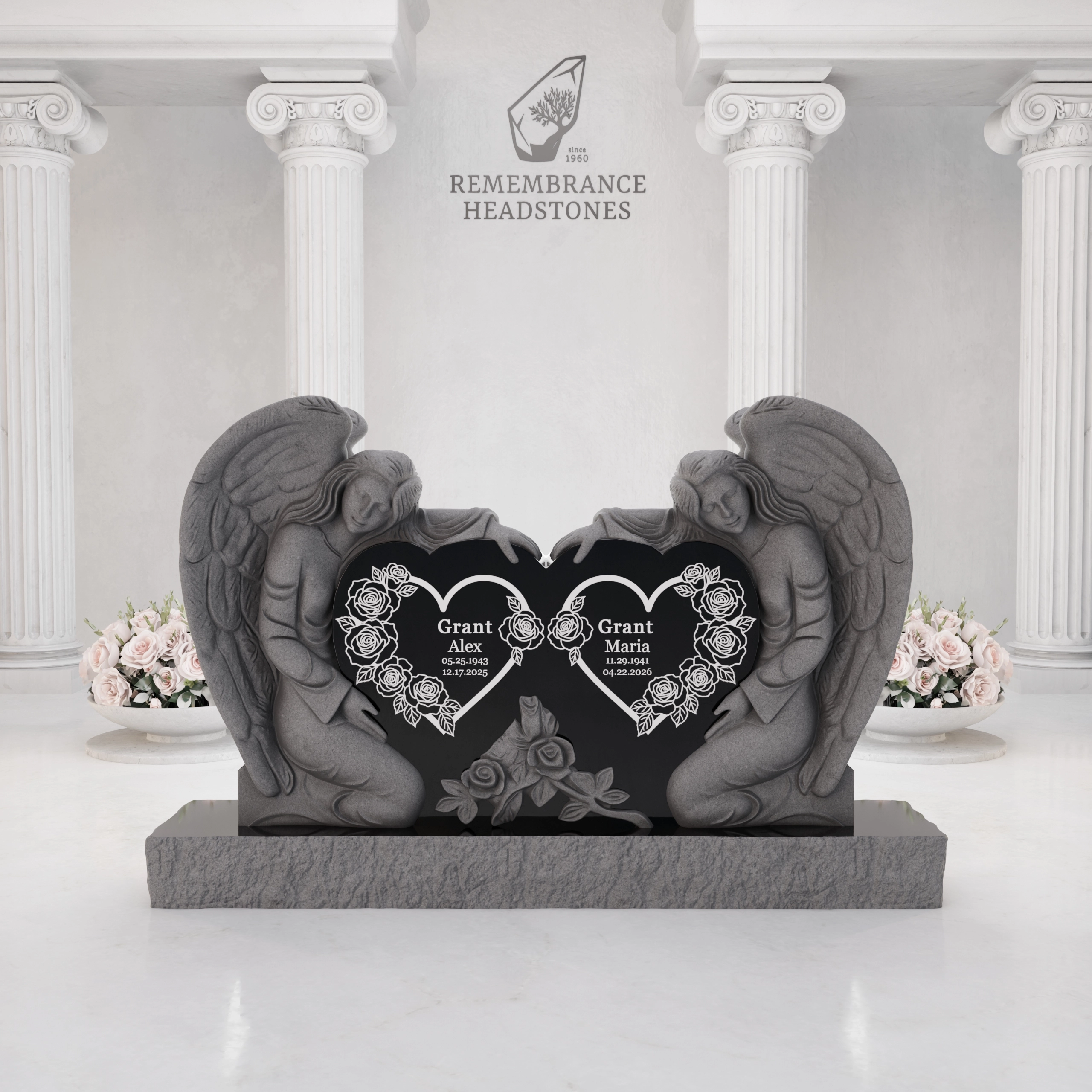 Luxury Twin Guardian Angel Heart Companion Granite Headstone