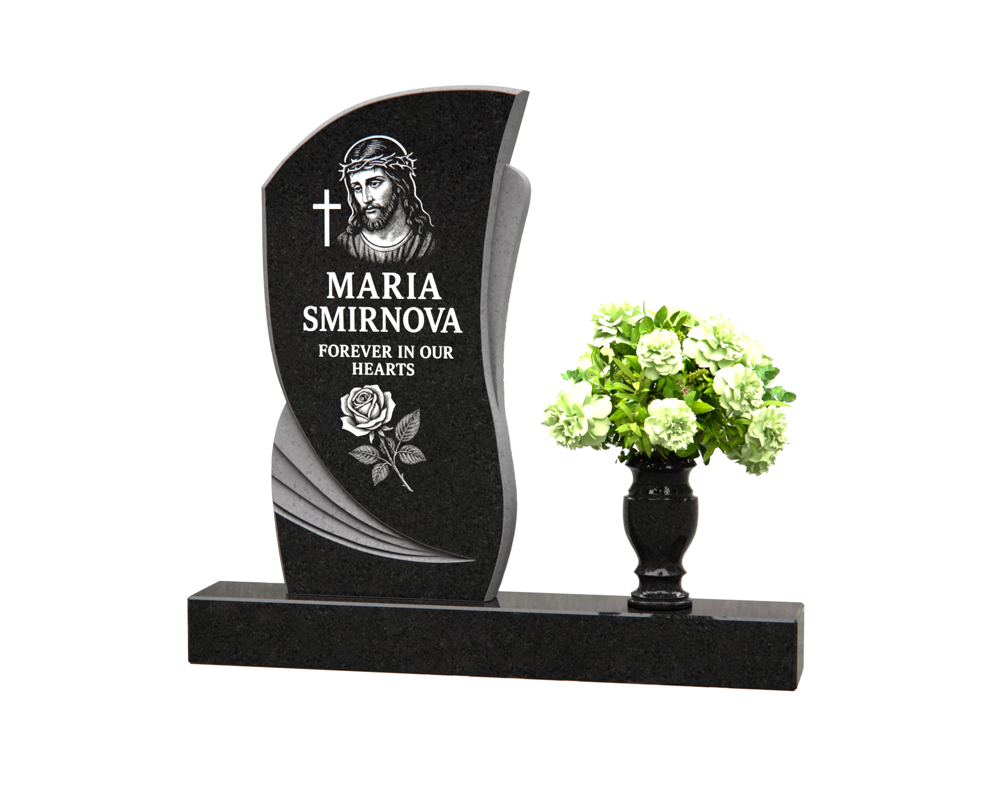 Luxury Upright Granite Monument — Asymmetric Wave Tablet with Christ Portrait & Granite Vase