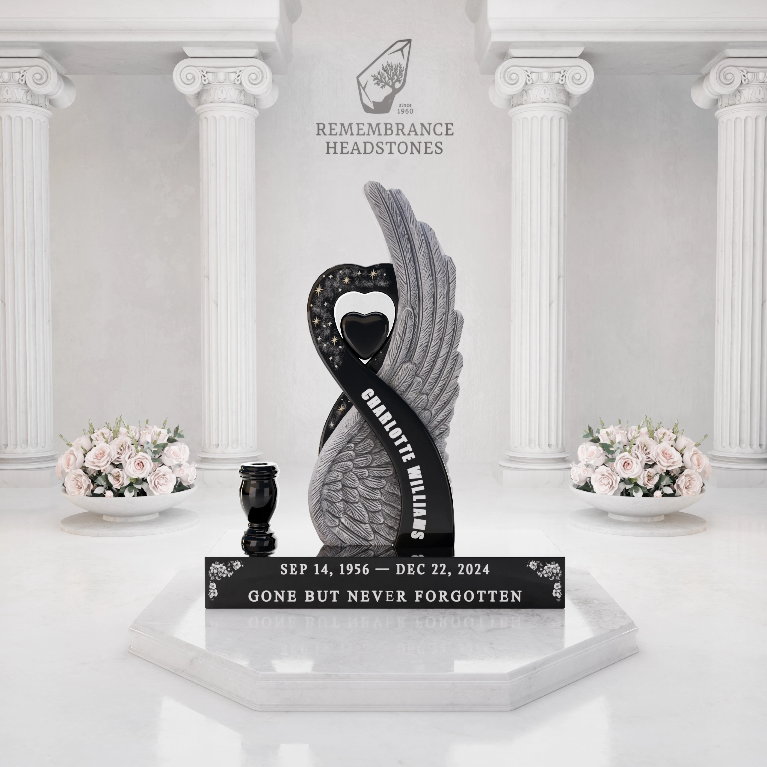 Luxury Special-Shape Granite Headstone — Angel Wing & Heart with Crystal Accents