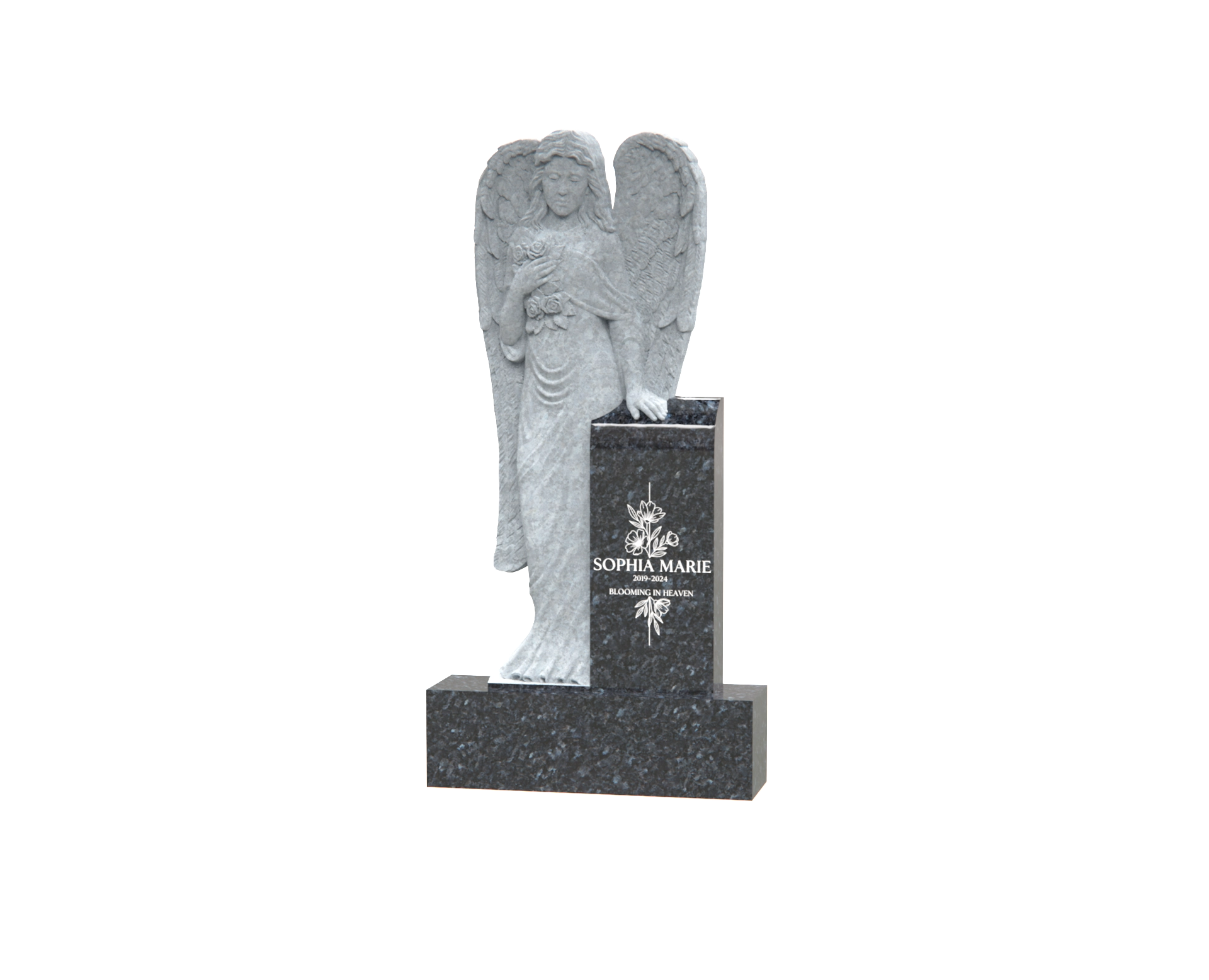 Luxury Upright Granite Headstone — Standing Angel & Stepped Tablet