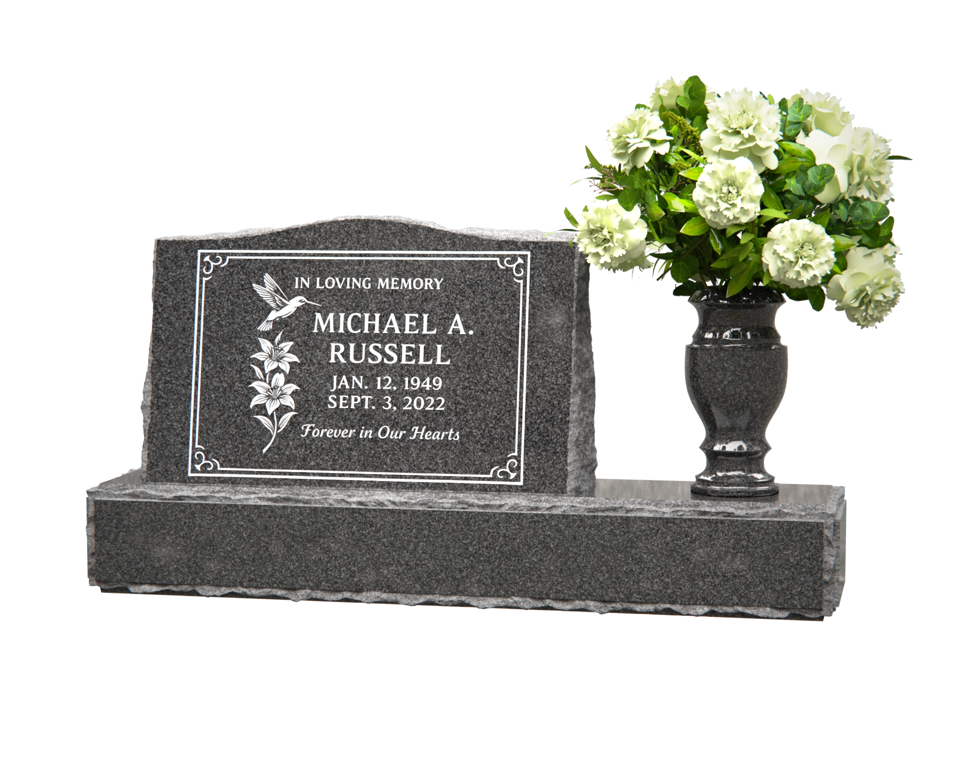 Premium Slant Granite Headstone with Hummingbird & Lily Panel & Vase
