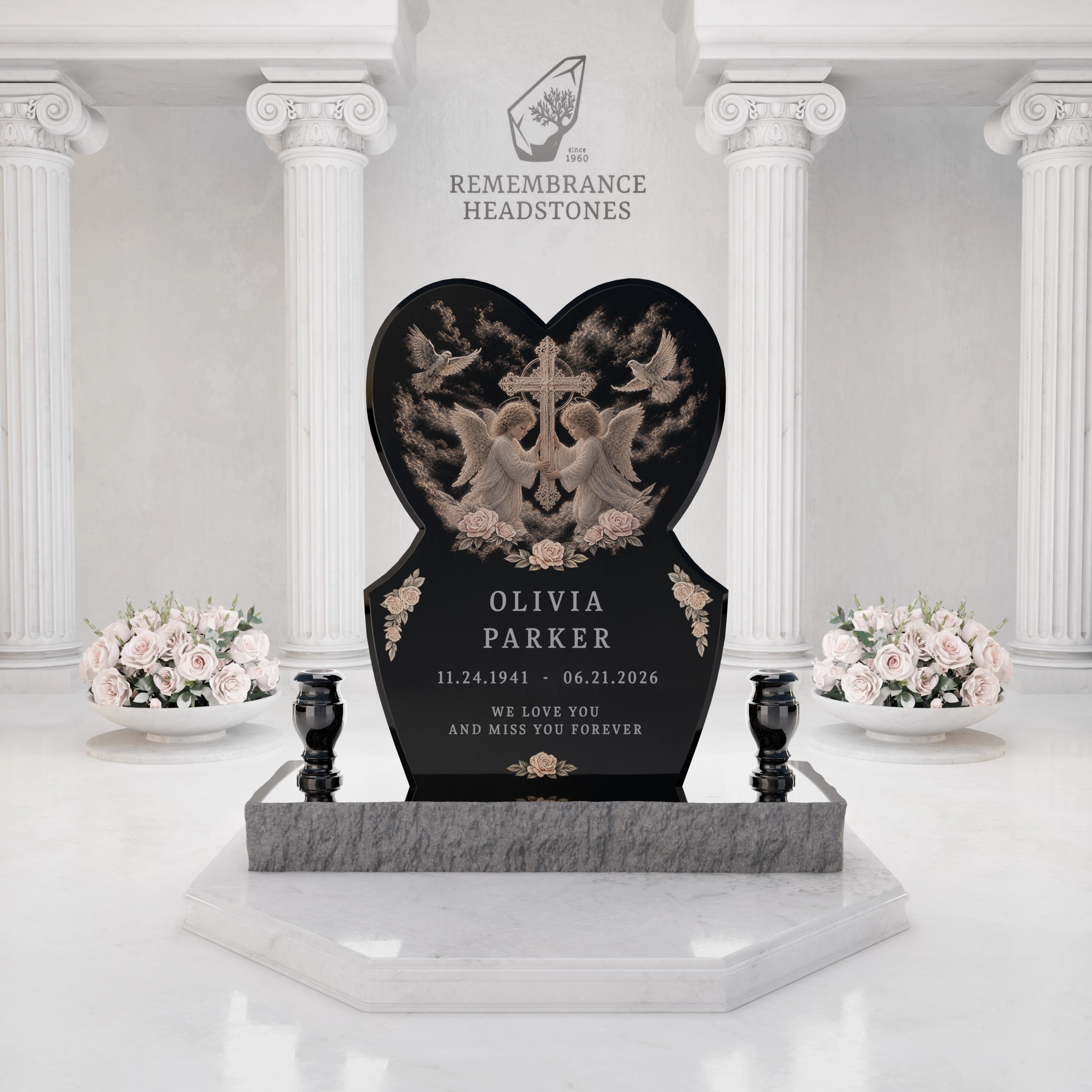 Luxury Eternal Heart Memorial with Angels, Cross & Doves