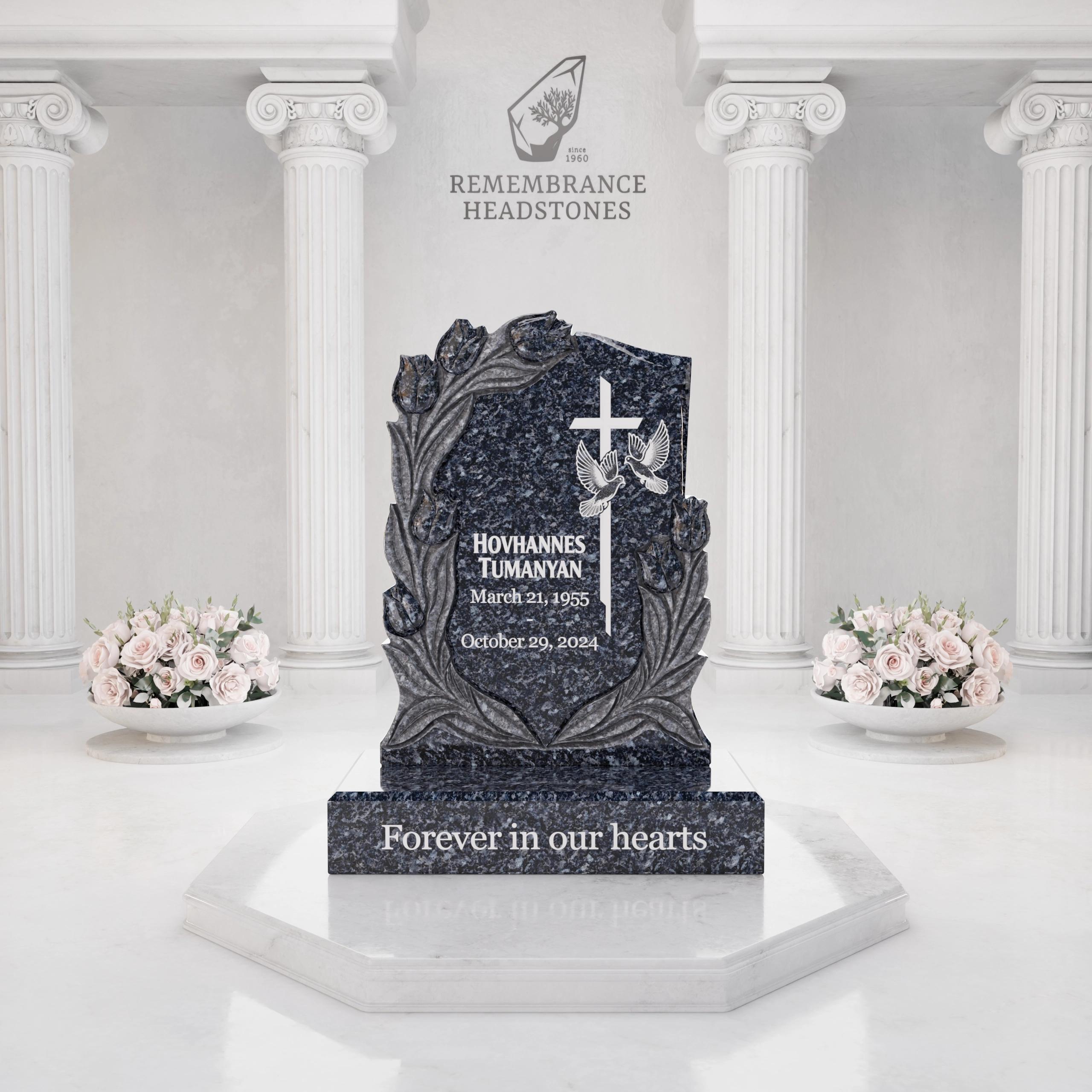 Luxury Floral Christian Granite Headstone with Cross & Doves