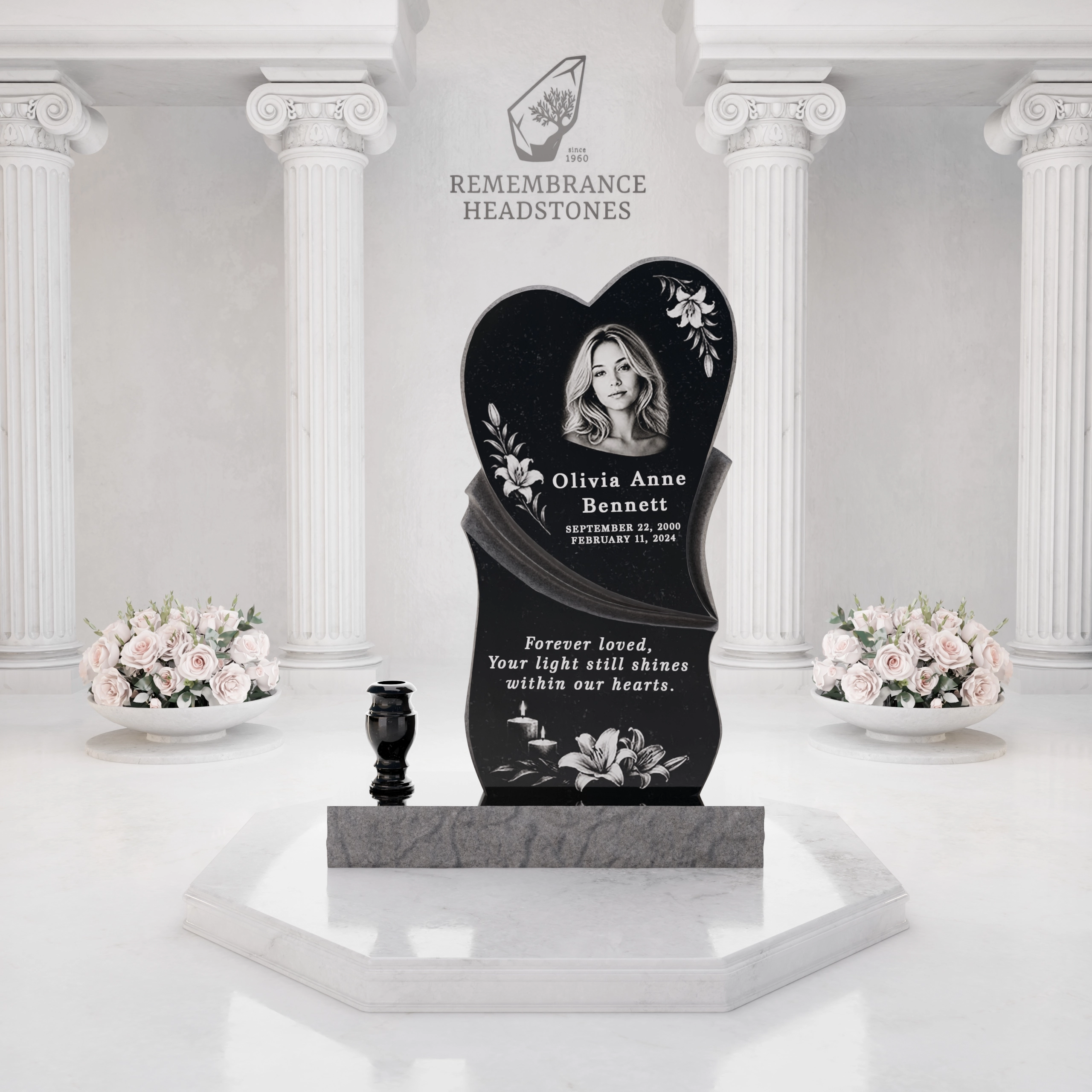 Premium Heart Shape Memorial with Flowing Ribbon & Lily Motif