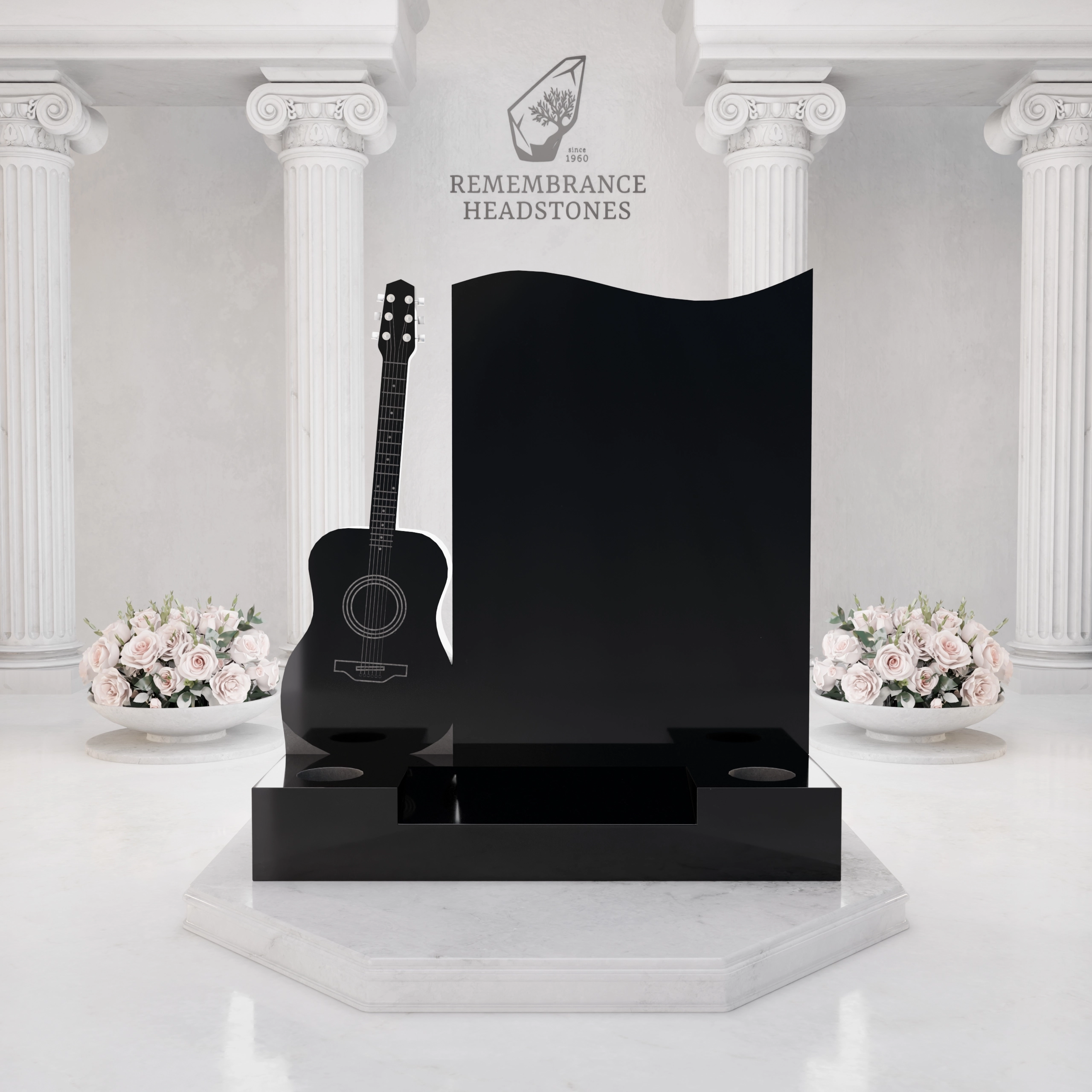 Luxury Upright Granite Headstone with Guitar Sculpture in Elite Artisan Granite view 3