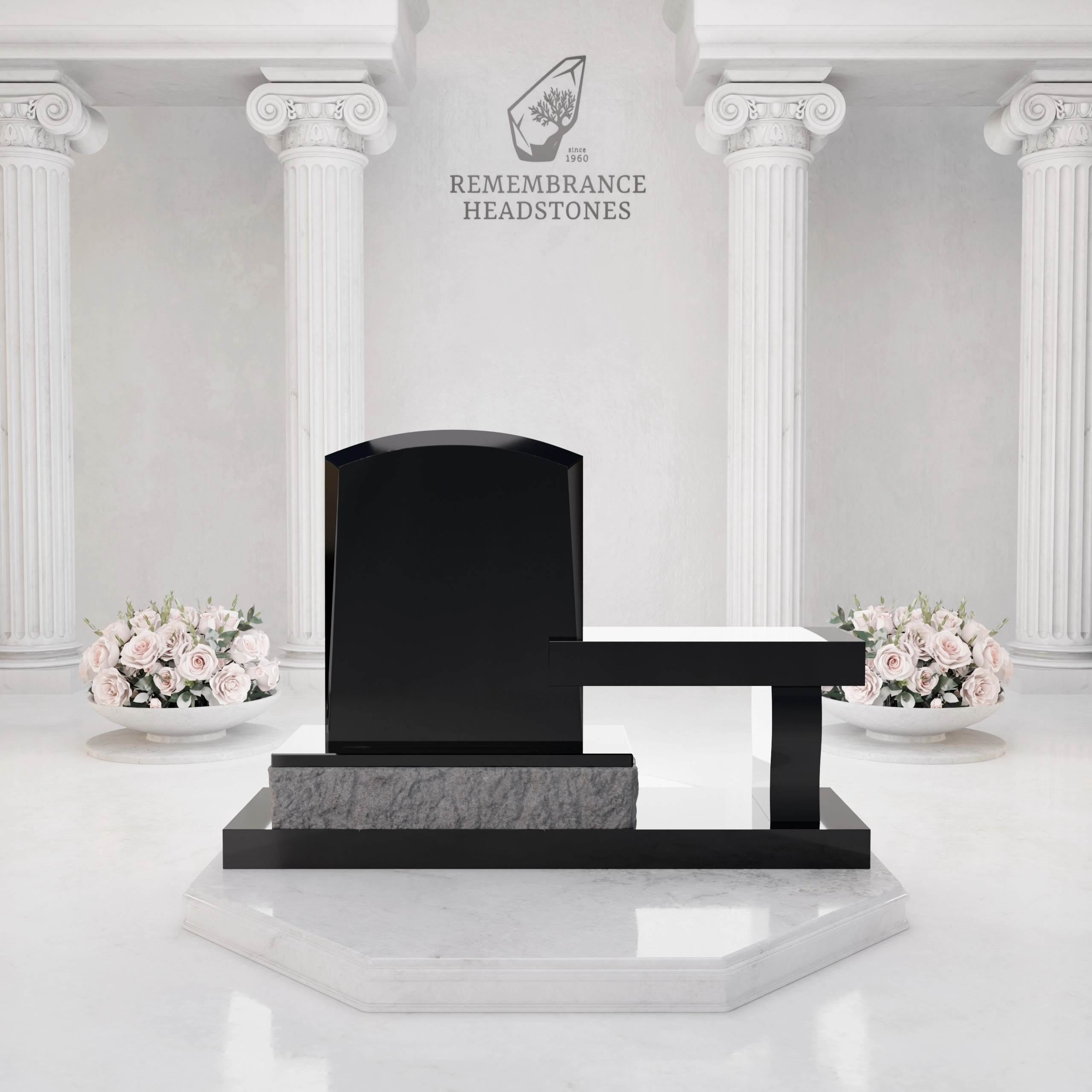 Lux Upright Headstone with Marian Emblem & Memorial Bench view 3