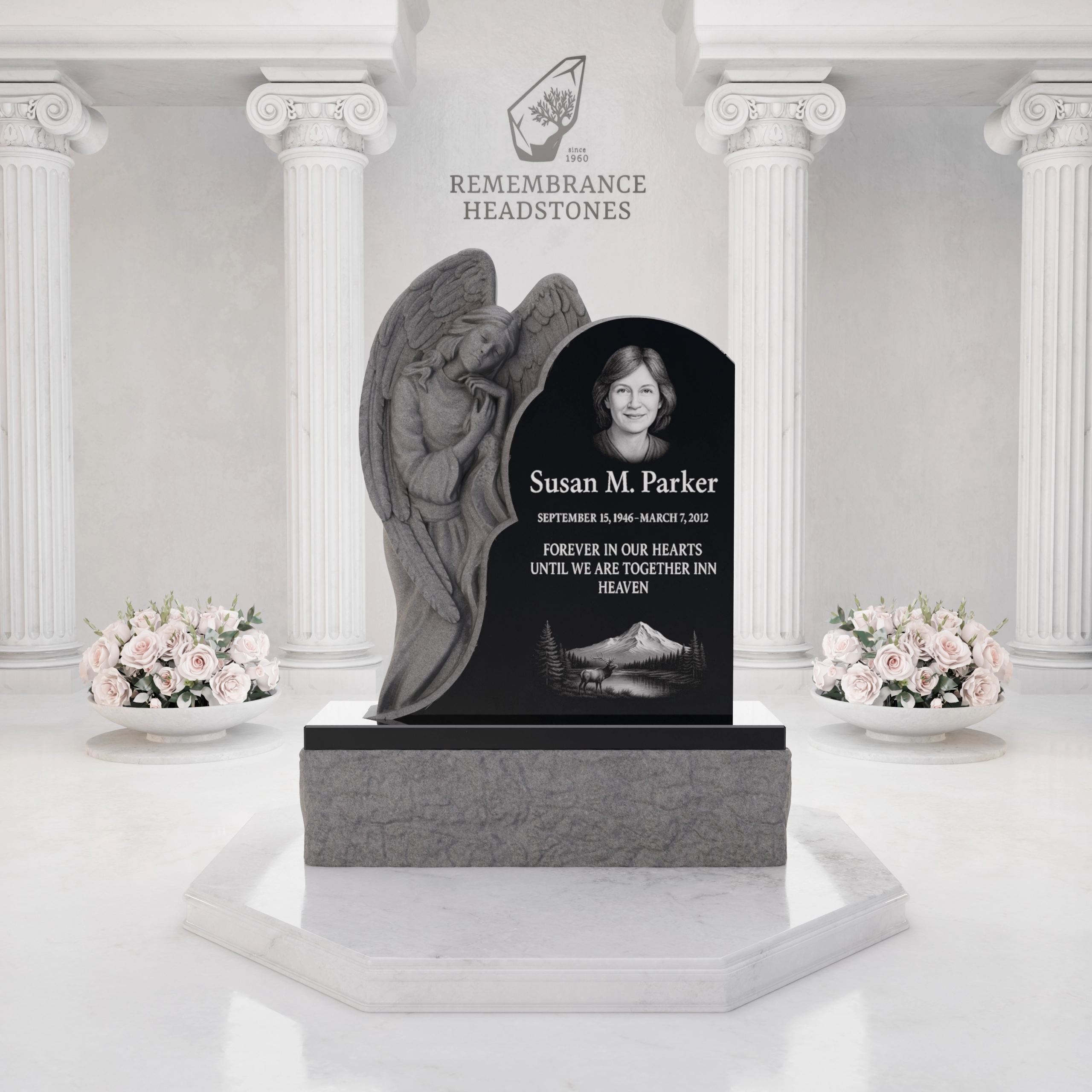 Premium Custom Granite Headstone — Angel Embrace with Asymmetric Arch