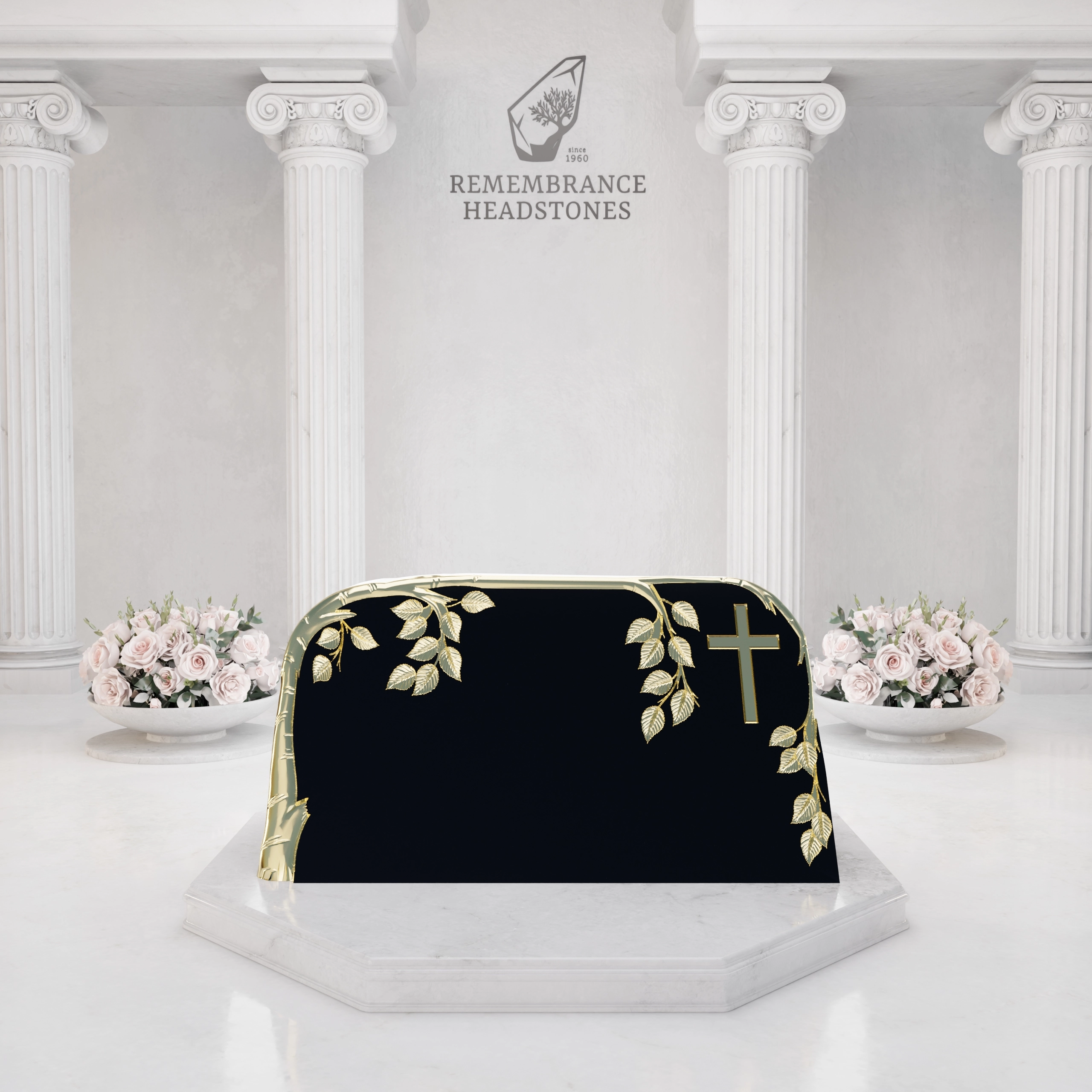 Luxury Slant Granite Headstone with Sculpted Vine & Cross view 3