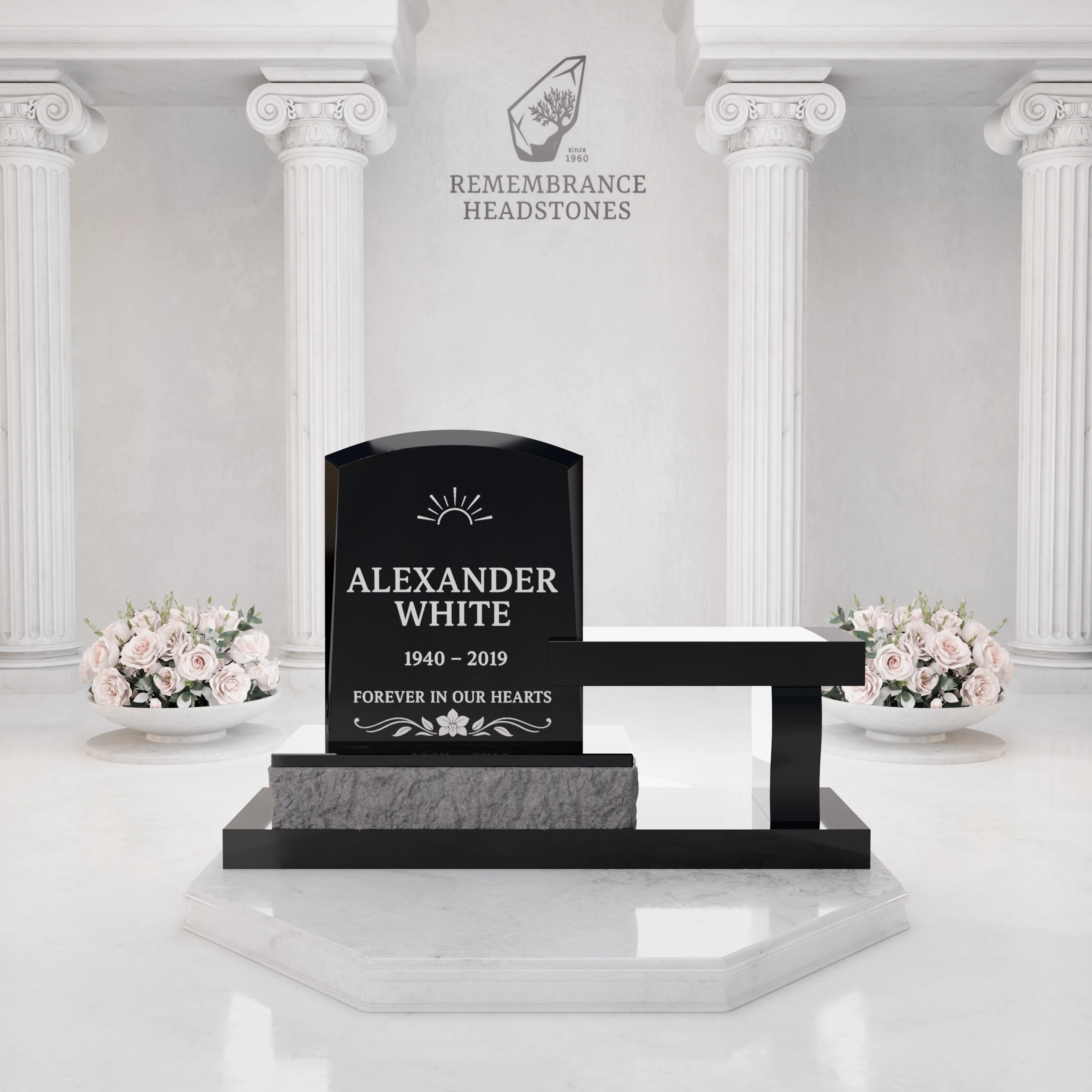 Lux Upright Headstone with Marian Emblem & Memorial Bench
