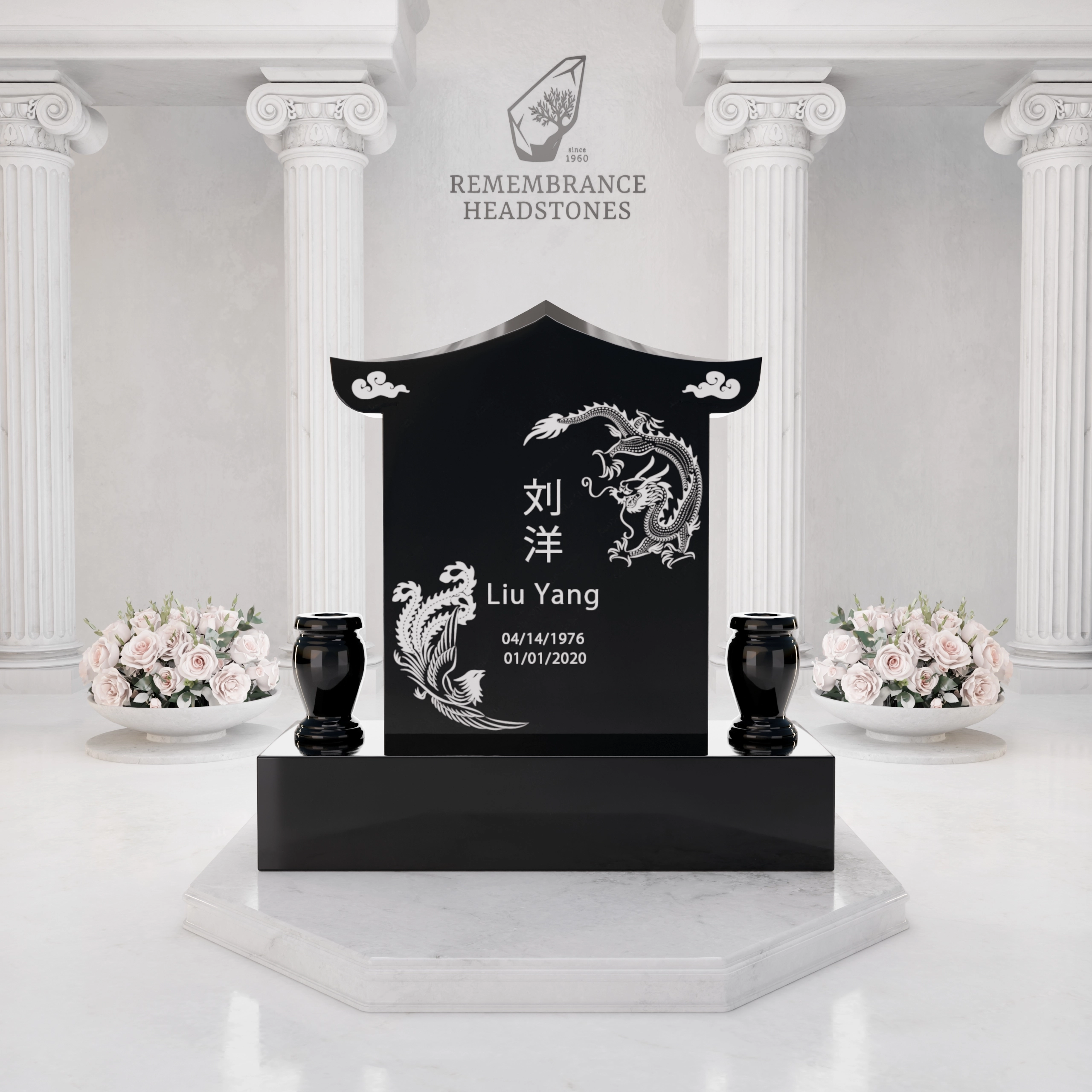 Lux Pagoda-Top Upright Granite Headstone with Phoenix & Lotus