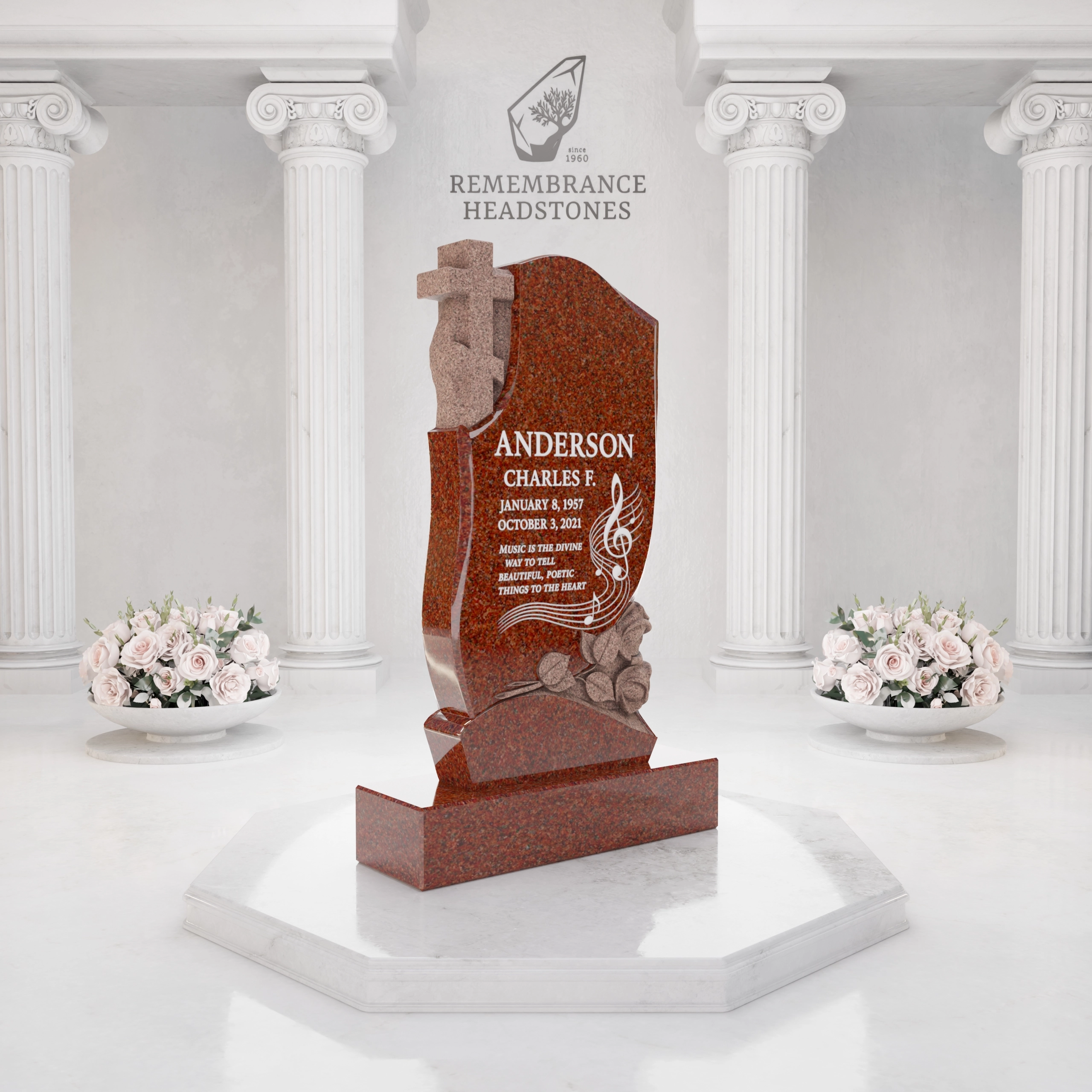 Luxury Orthodox Cross Granite Headstone with Roses view 2
