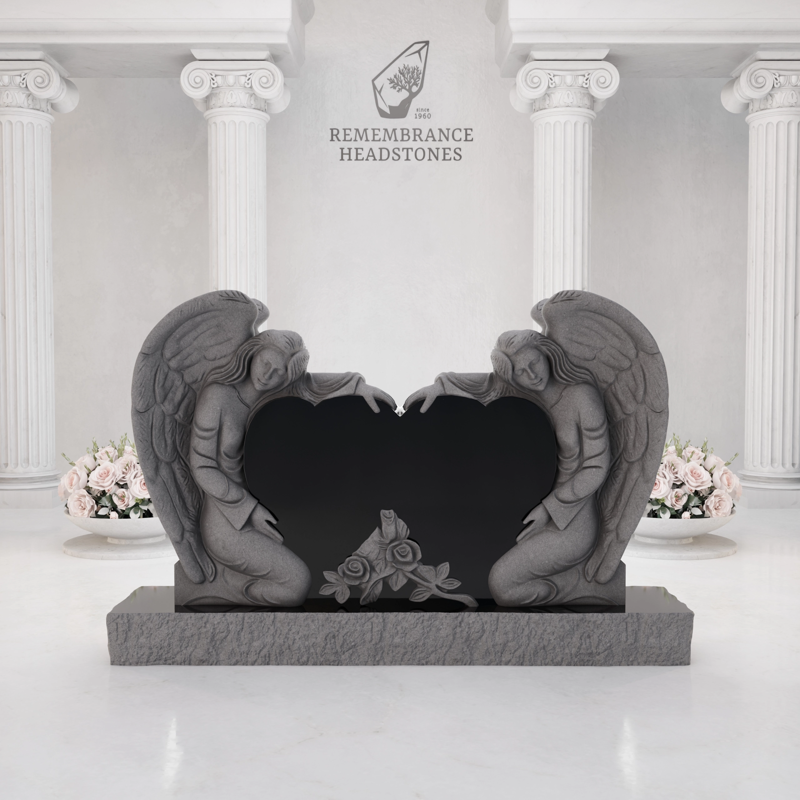 Luxury Twin Guardian Angel Heart Companion Granite Headstone view 3