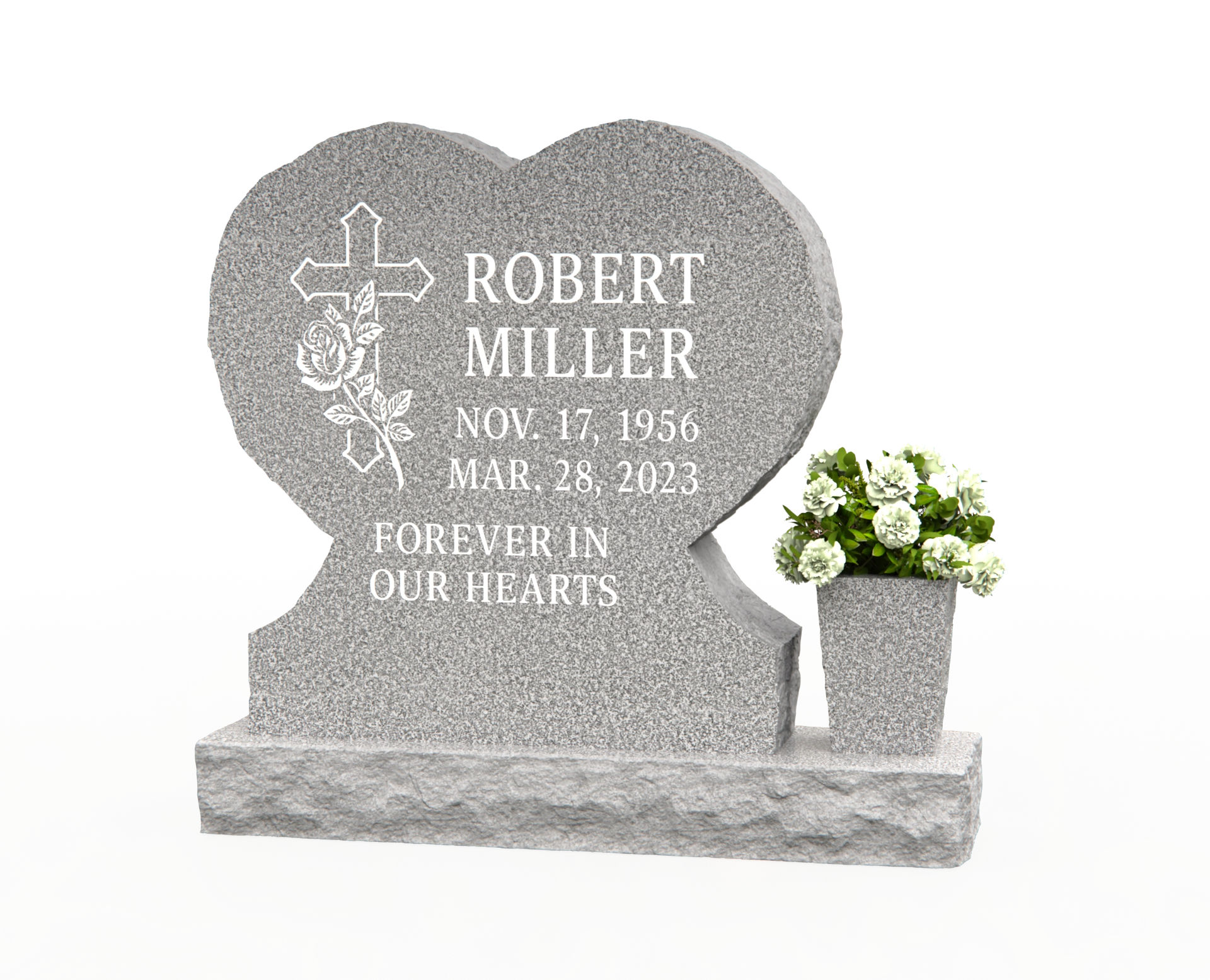 Luxury Heart-Shaped Granite Headstone — Cross & Rose, Granite Vase