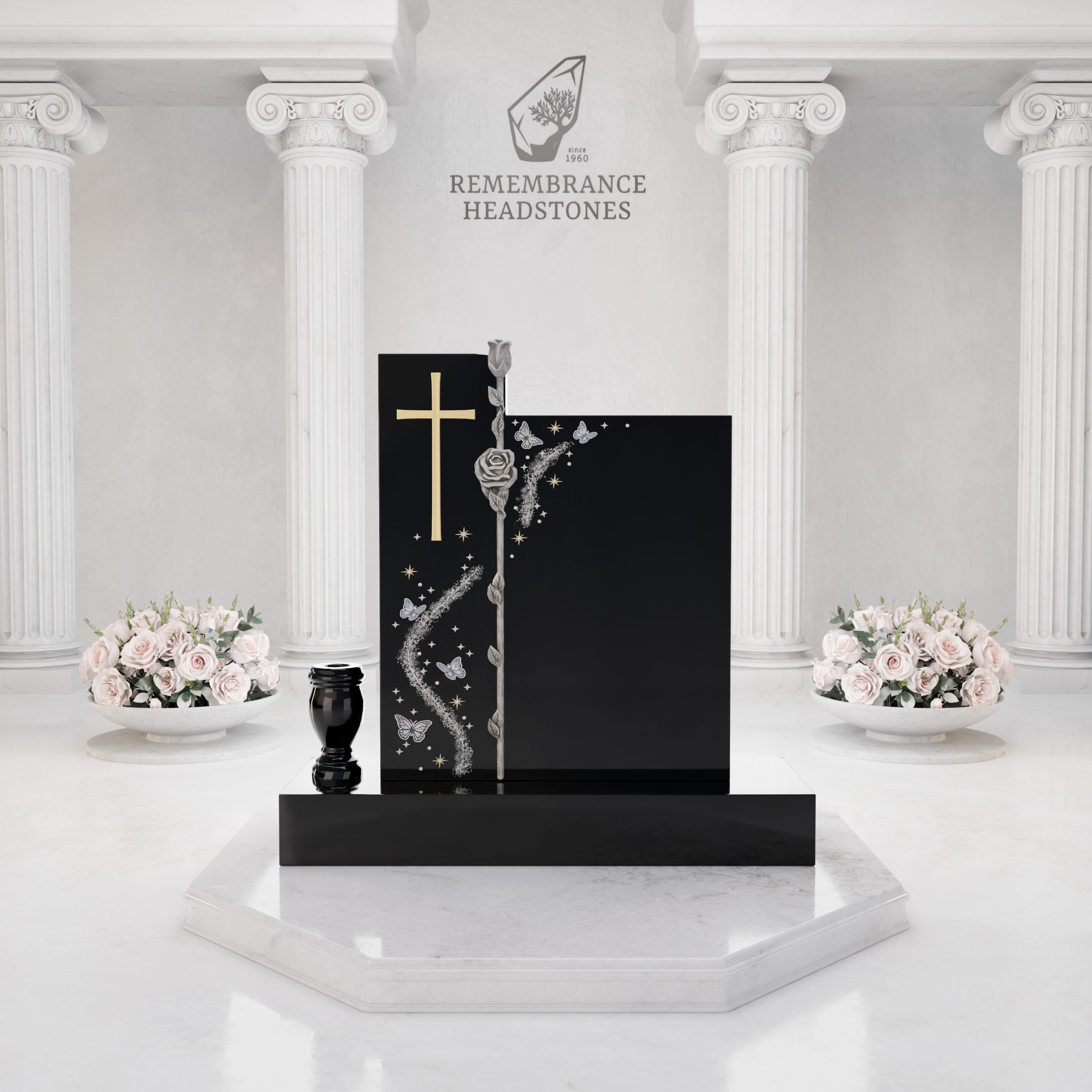 Luxury Upright Headstone with Cross, Rose Column & Heart Motif view 3