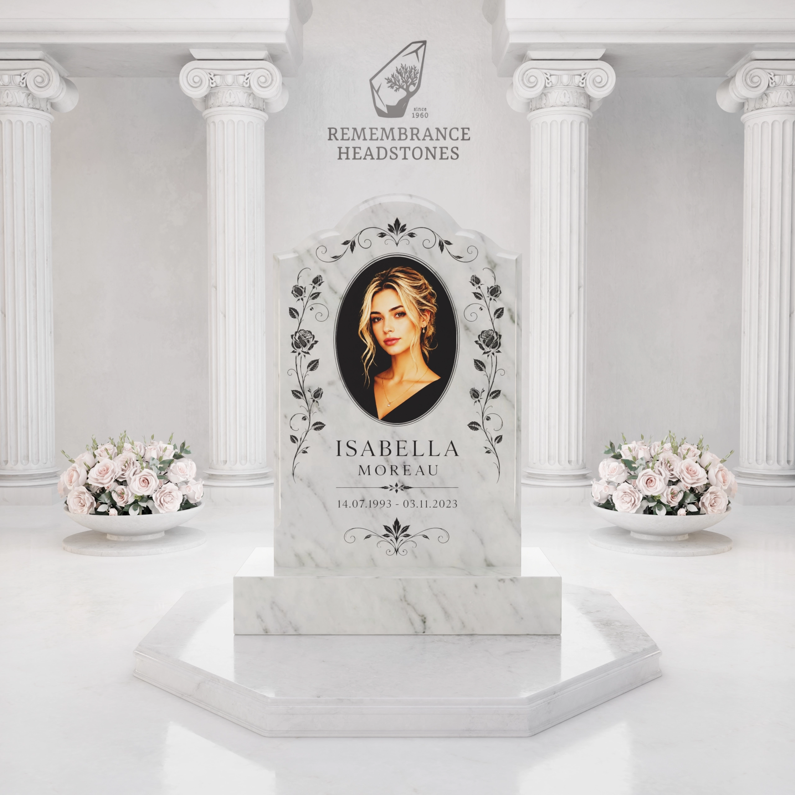 Luxury Floral Portrait Granite Headstone with Ceramic Photo