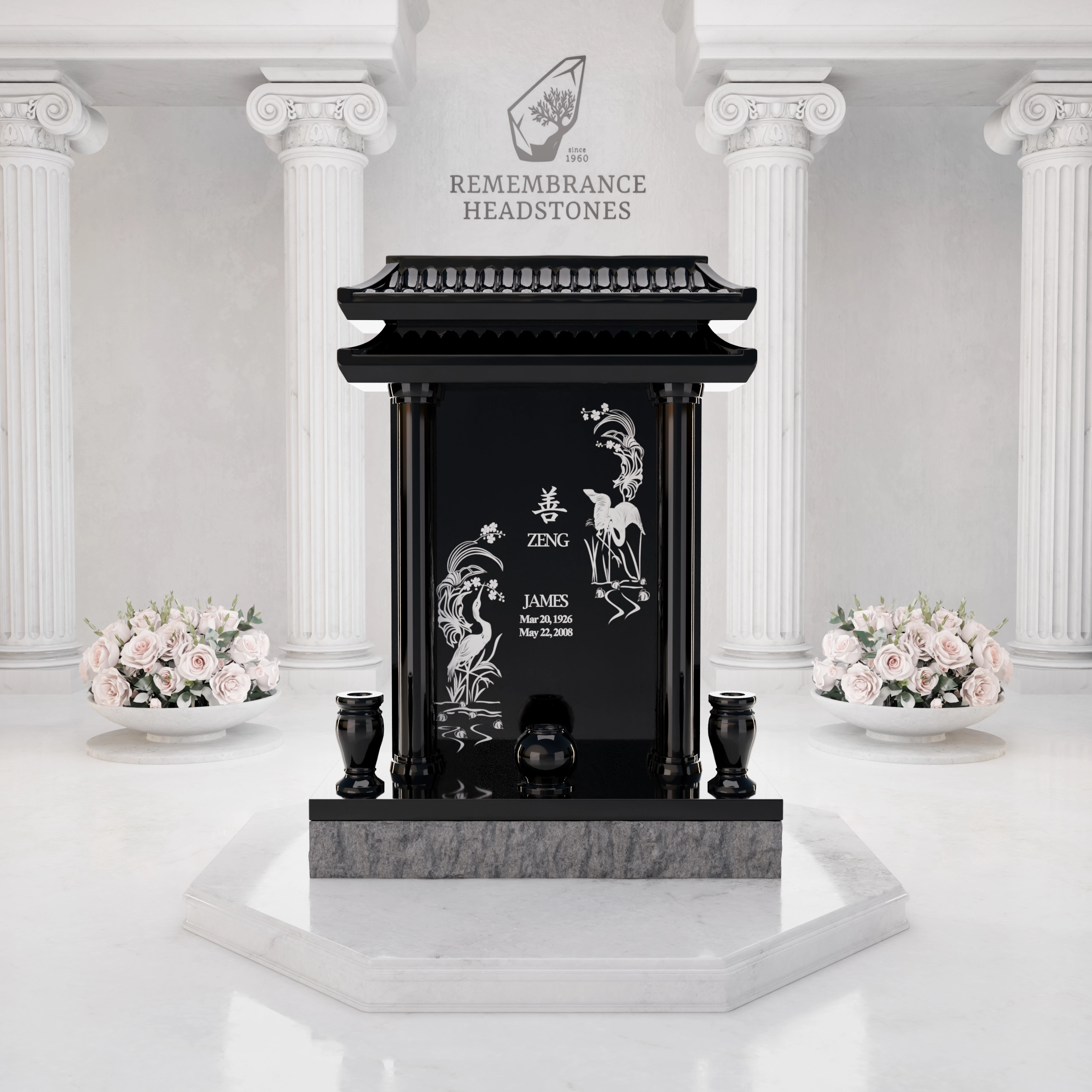 Luxury Asian Pavilion Granite Memorial with Crane Engravings