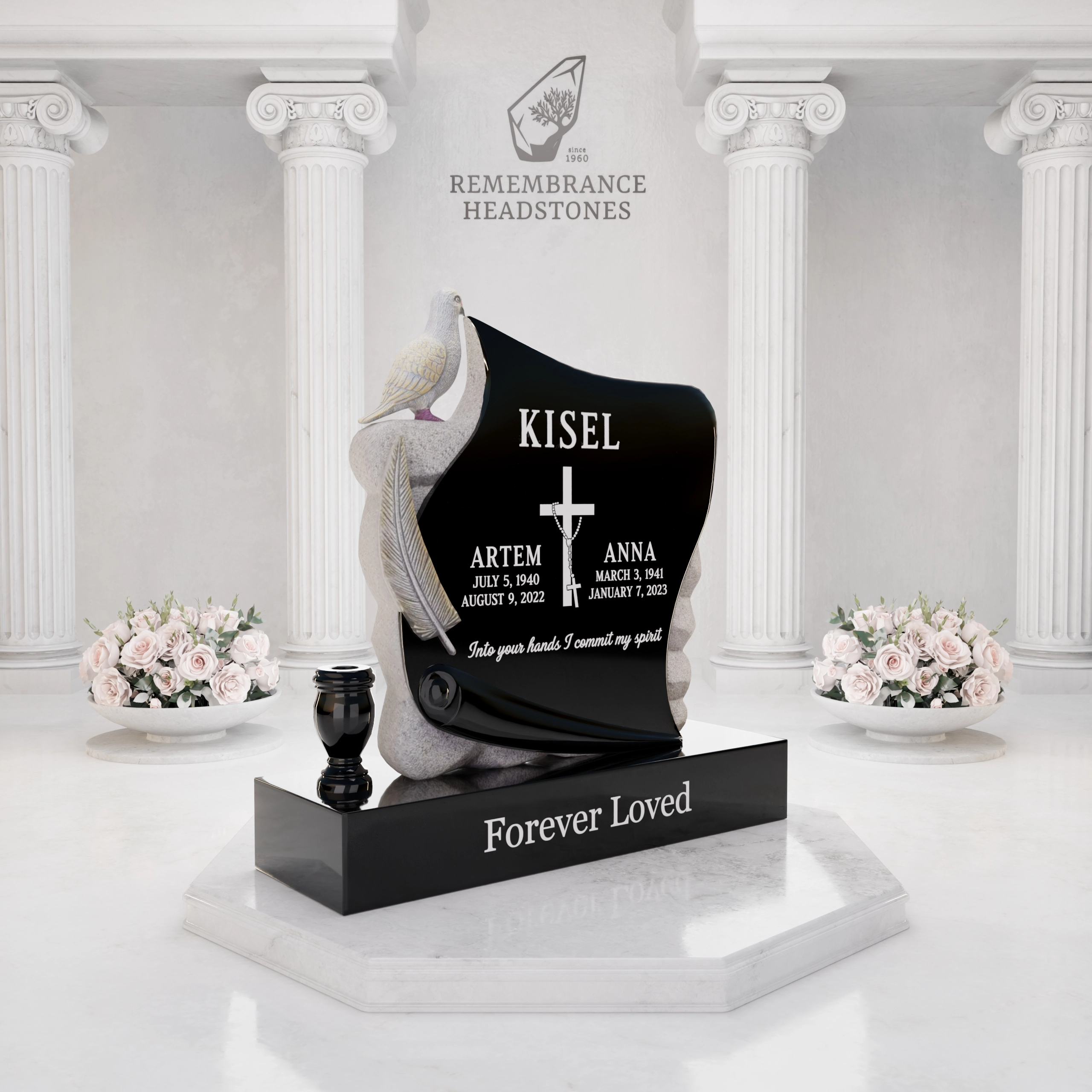 Luxury Upright Granite Monument — Sculpted Scroll with Dove, Cross & Lilies view 2