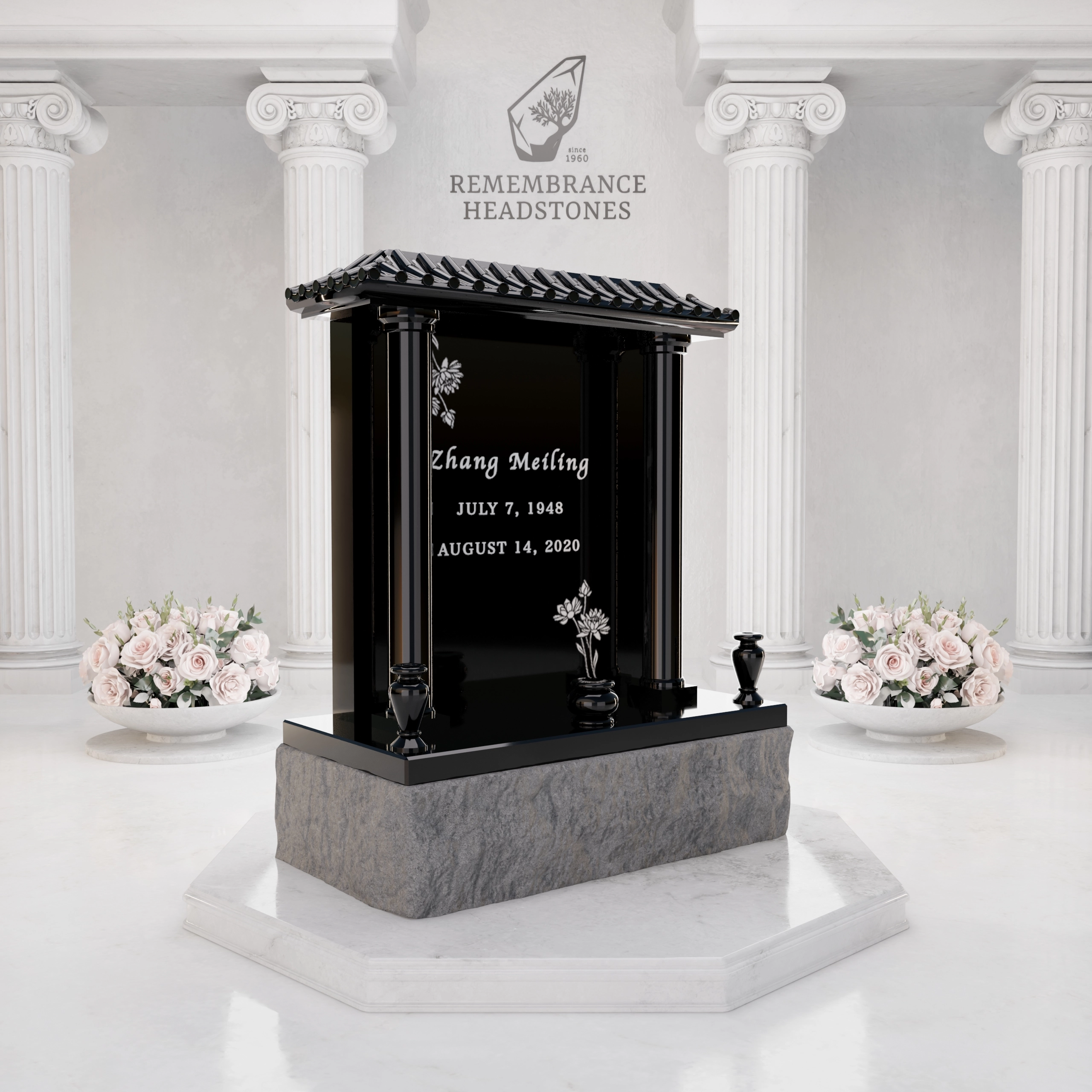 Lux Pagoda-Style Upright Granite Headstone with Columns, Crane & Blossoms view 2