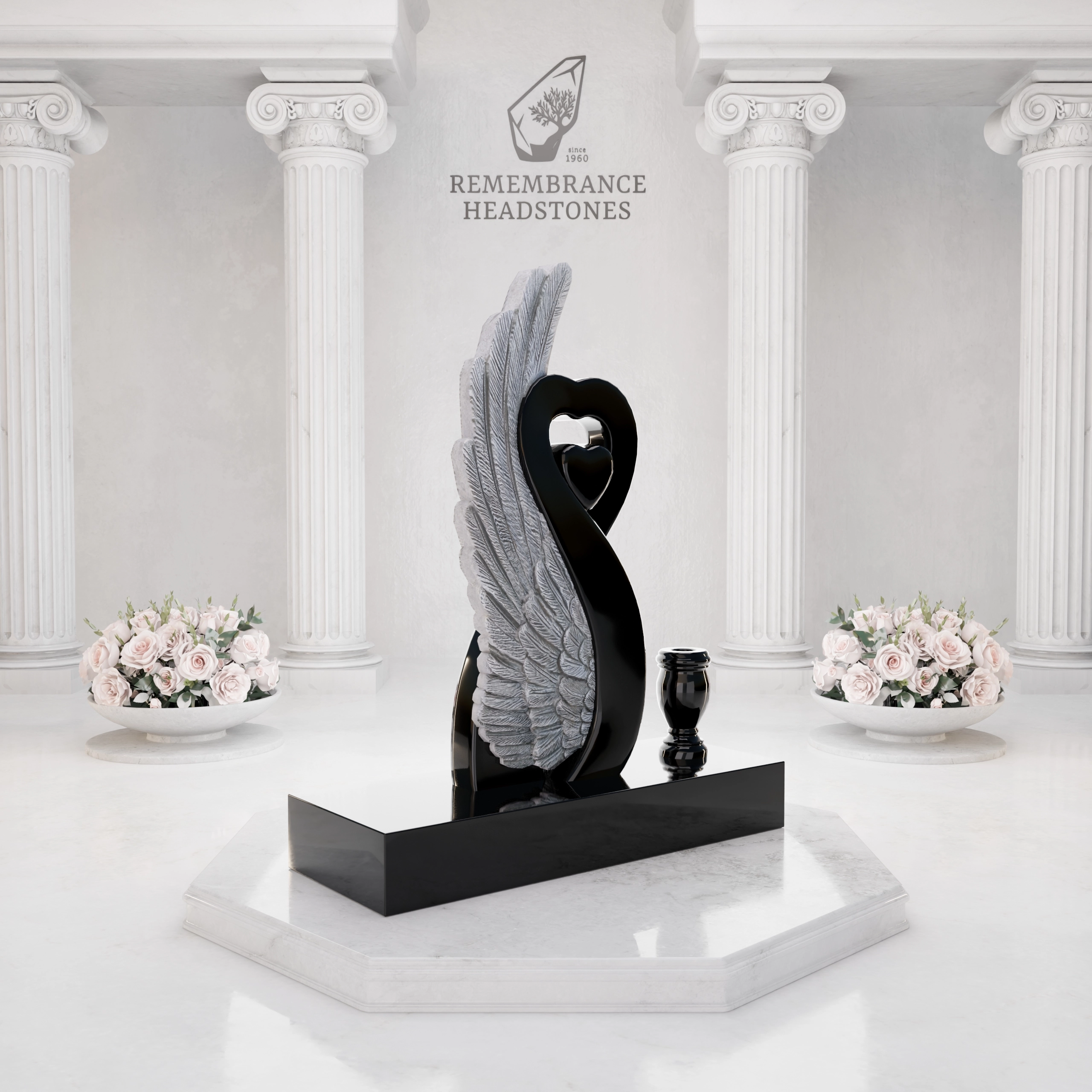 Luxury Special-Shape Granite Headstone — Angel Wing & Heart with Crystal Accents view 4