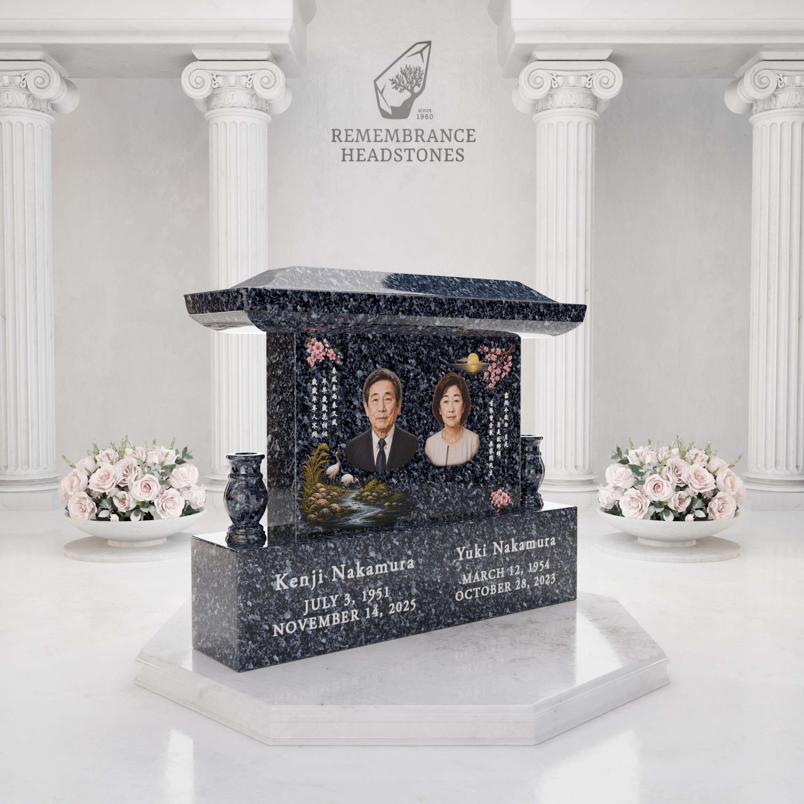 Luxury Japanese Roof Companion Granite Memorial with Portrait Panel view 2