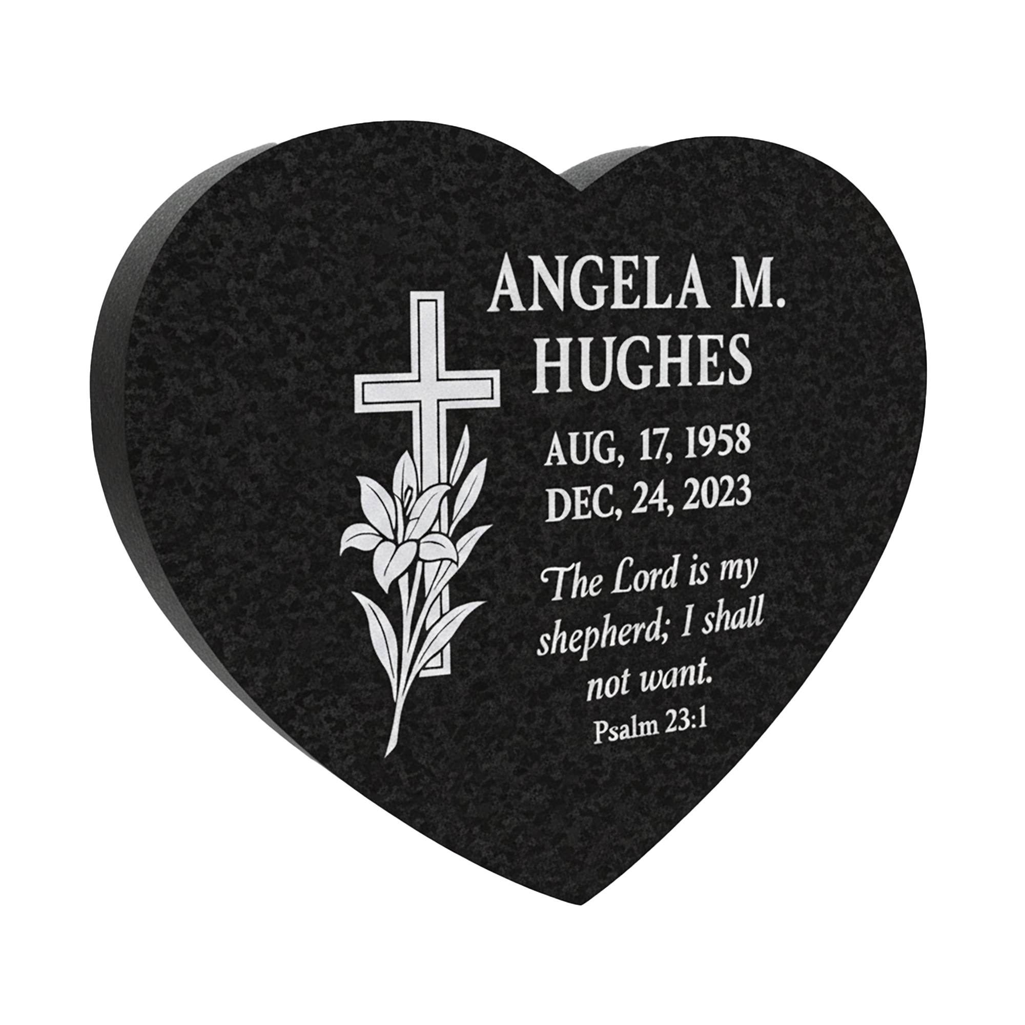 Luxury Heart-Shaped Flat Granite Headstone with Cross & Lily Etching