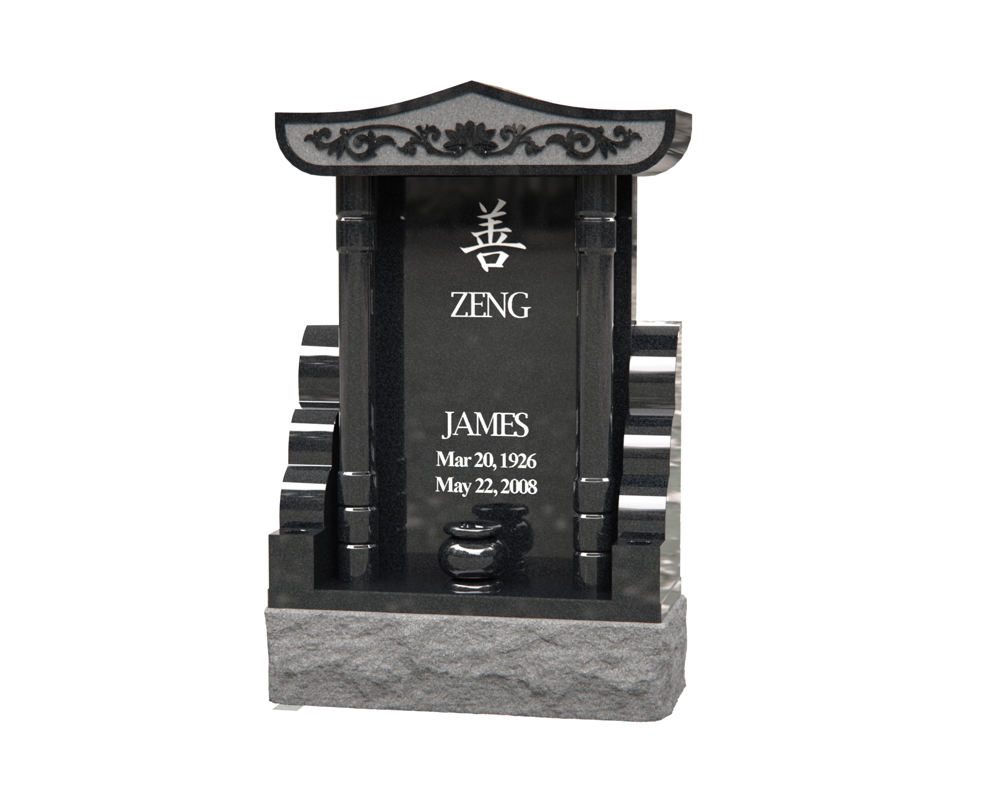 Lux Pagoda-Top Upright Granite Headstone with Columns & Shrine Niche