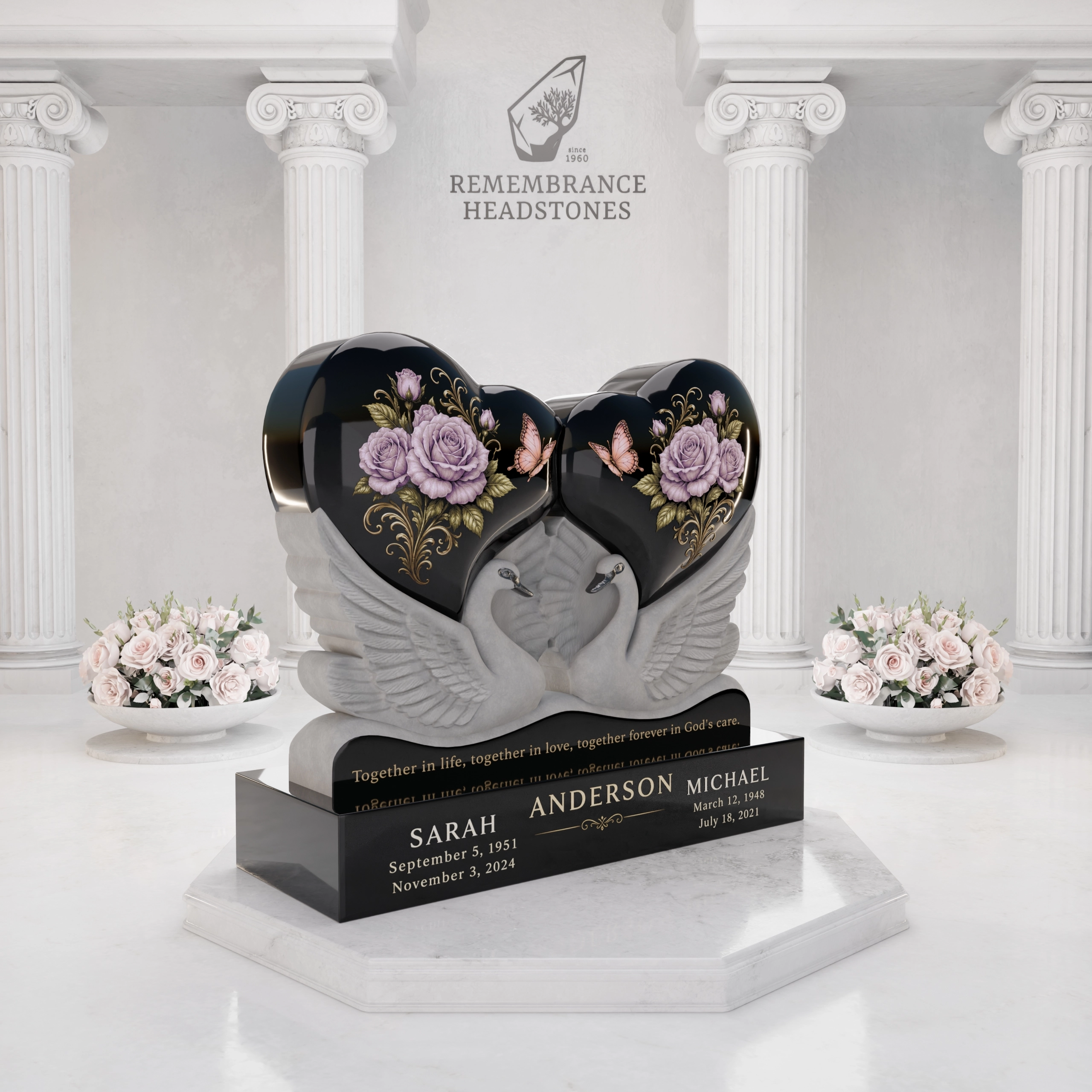 Luxury Double Heart Memorial with Eternal Swans view 2