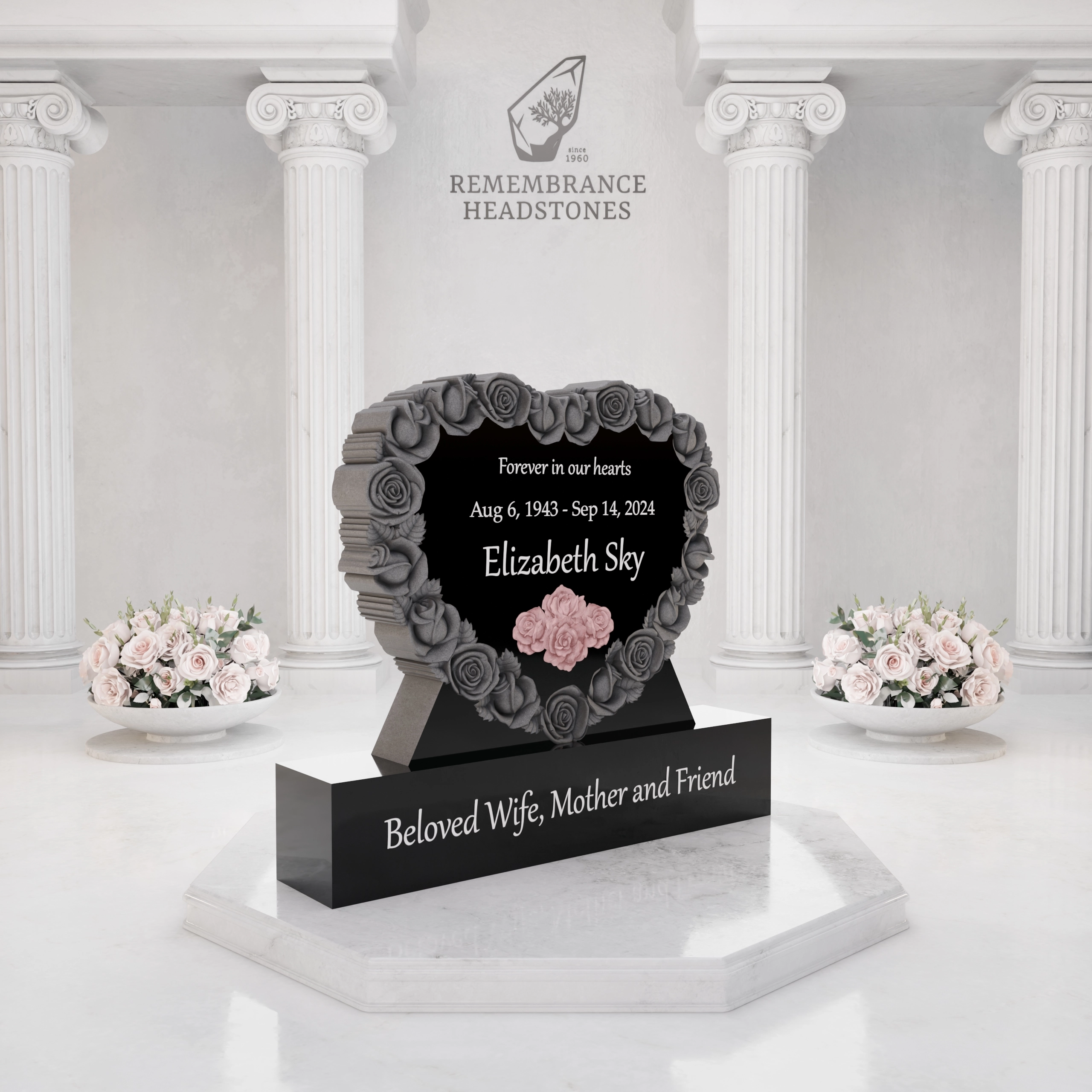 Luxury Heart-Shaped Granite Headstone — Rose Wreath & Butterfly view 2