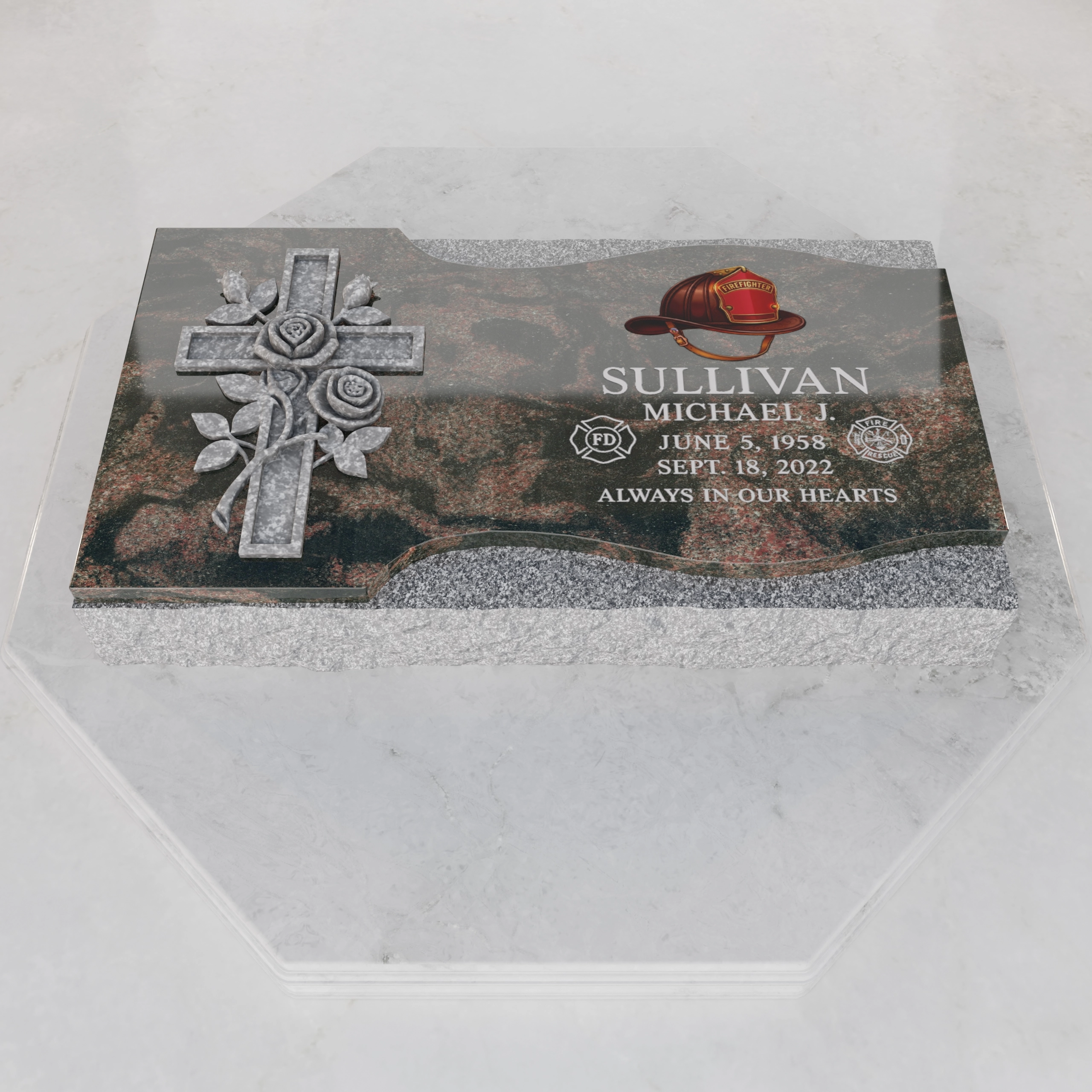Luxury Firefighter Cross Flat Granite Grave Marker with Roses view 2