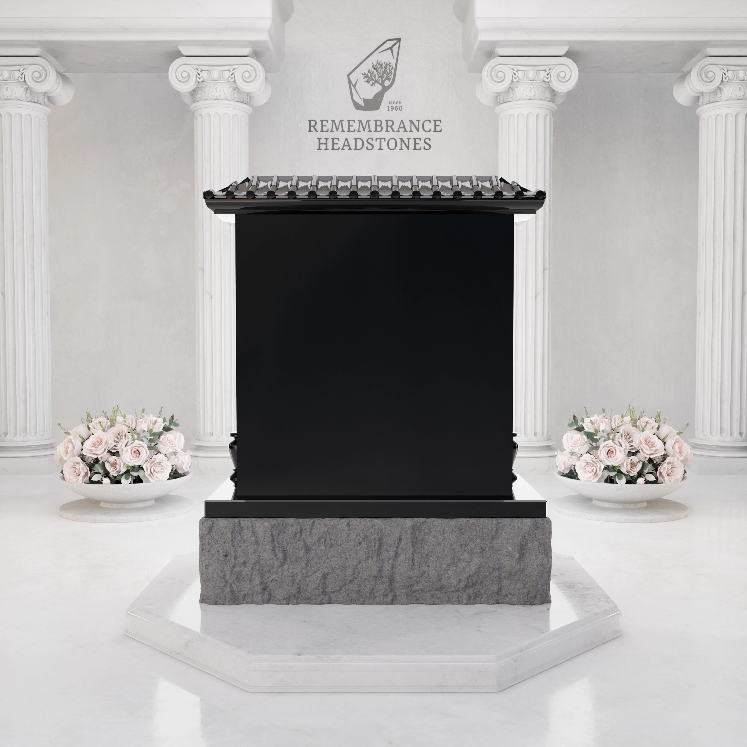 Lux Pagoda-Style Upright Granite Headstone with Columns, Crane & Blossoms view 4