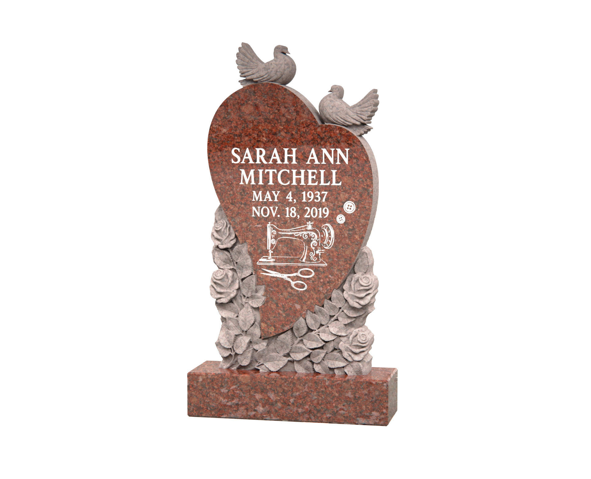 Luxury Heart-Shaped Granite Monument — Doves, Rose Garland & Sewing Motif