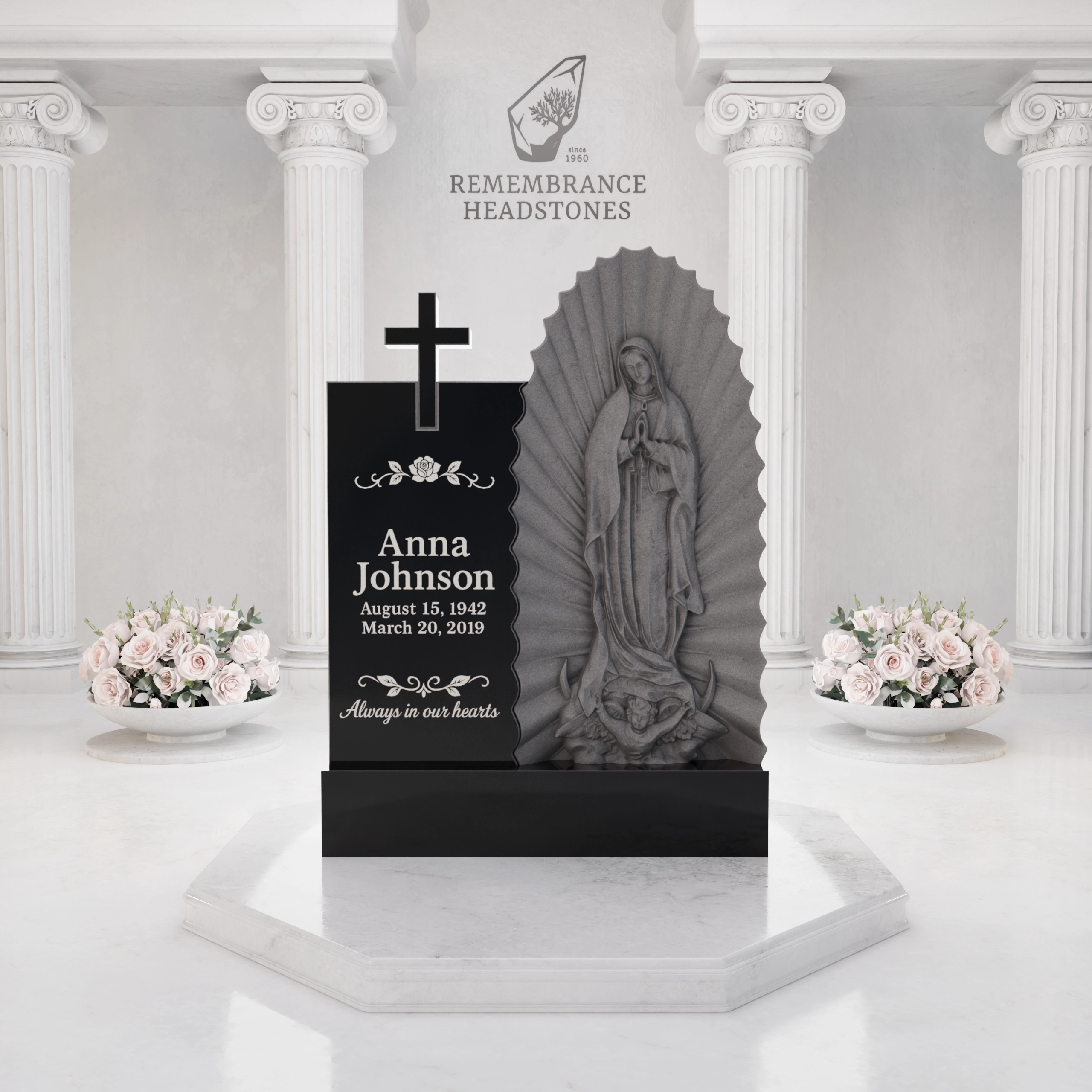 Premium Upright Granite Headstone — Guadalupe Relief & Cross