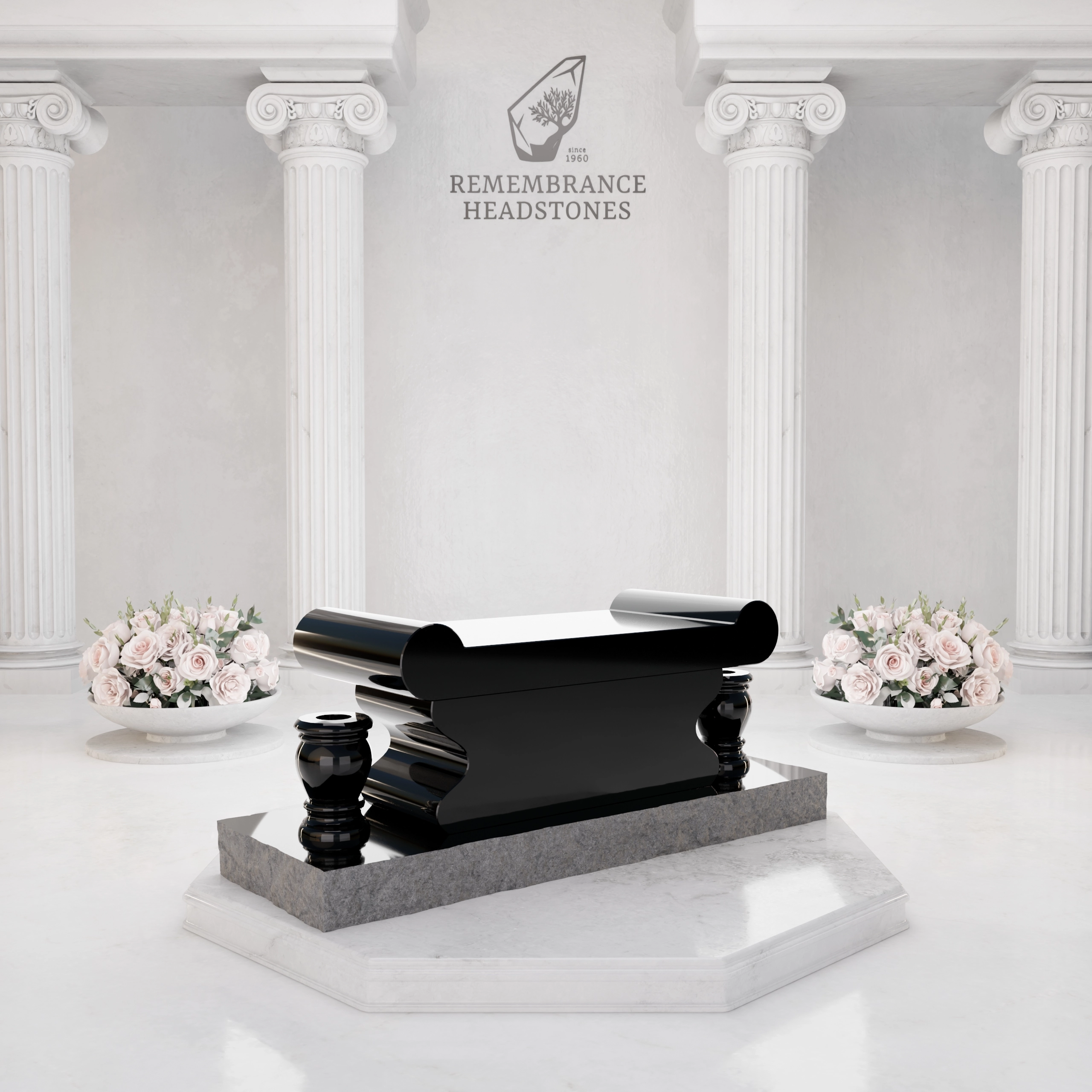 Luxury Jewish Granite Memorial Bench with Rolled Seat & Twin Vases view 4