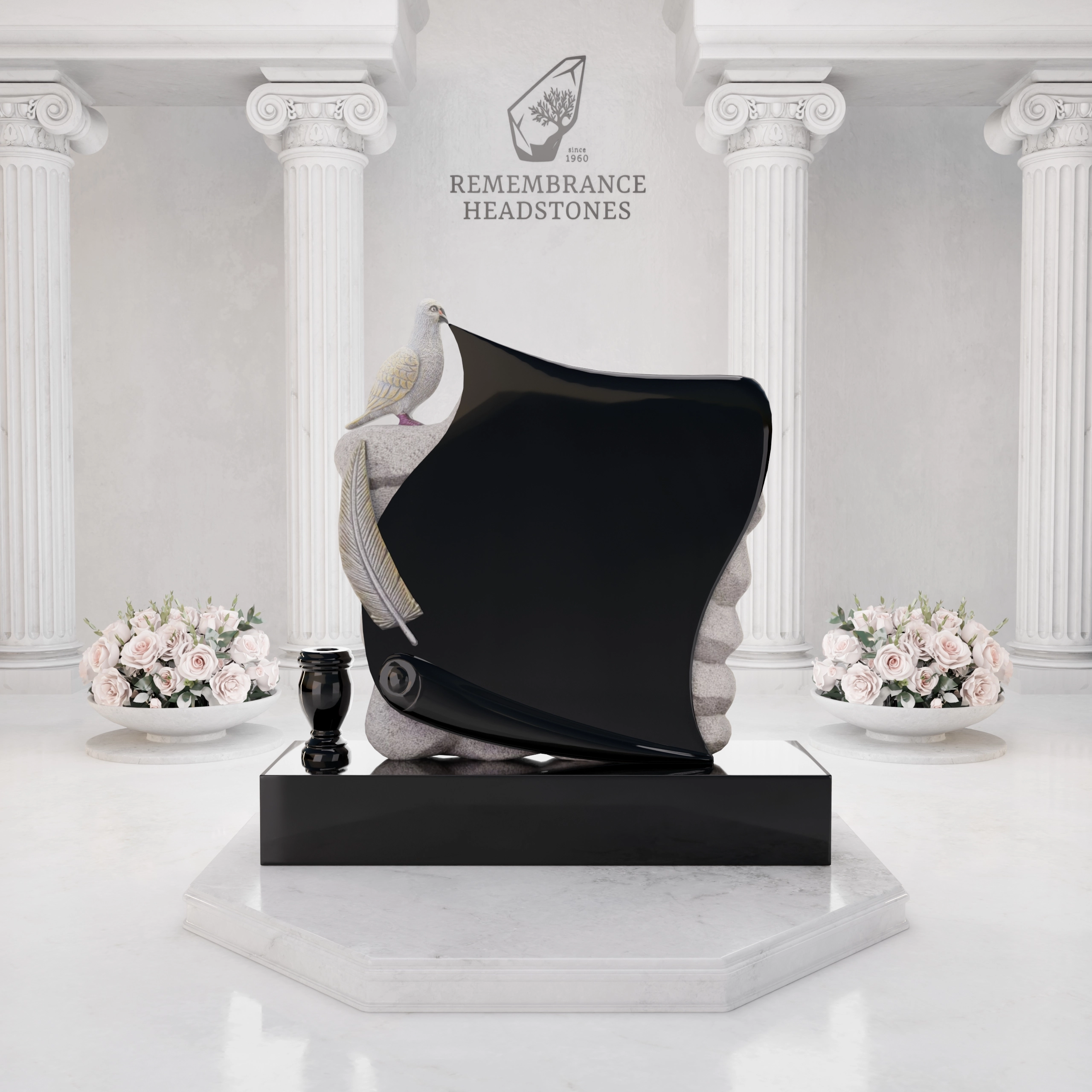 Luxury Upright Granite Monument — Sculpted Scroll with Dove, Cross & Lilies view 3