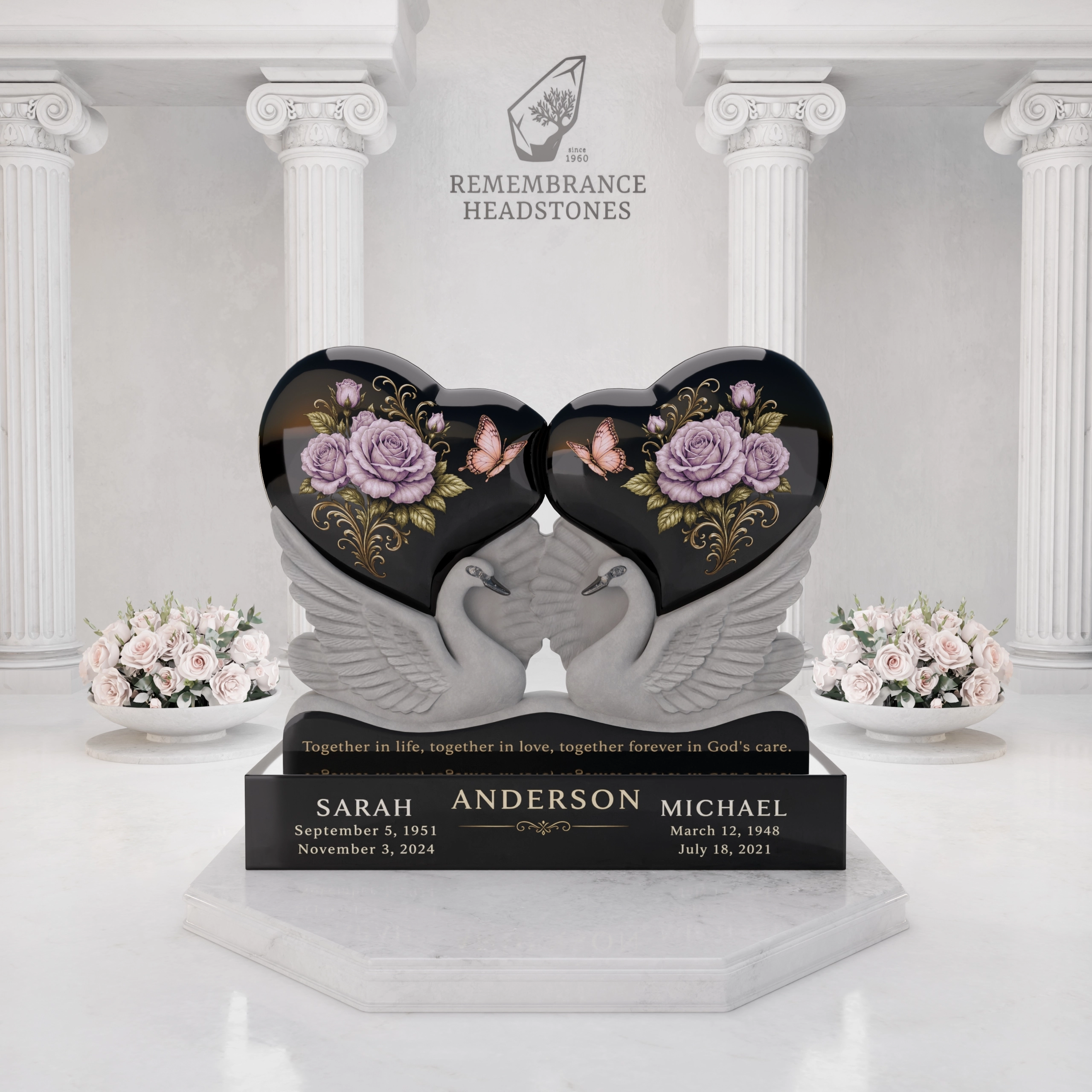 Luxury Double Heart Memorial with Eternal Swans