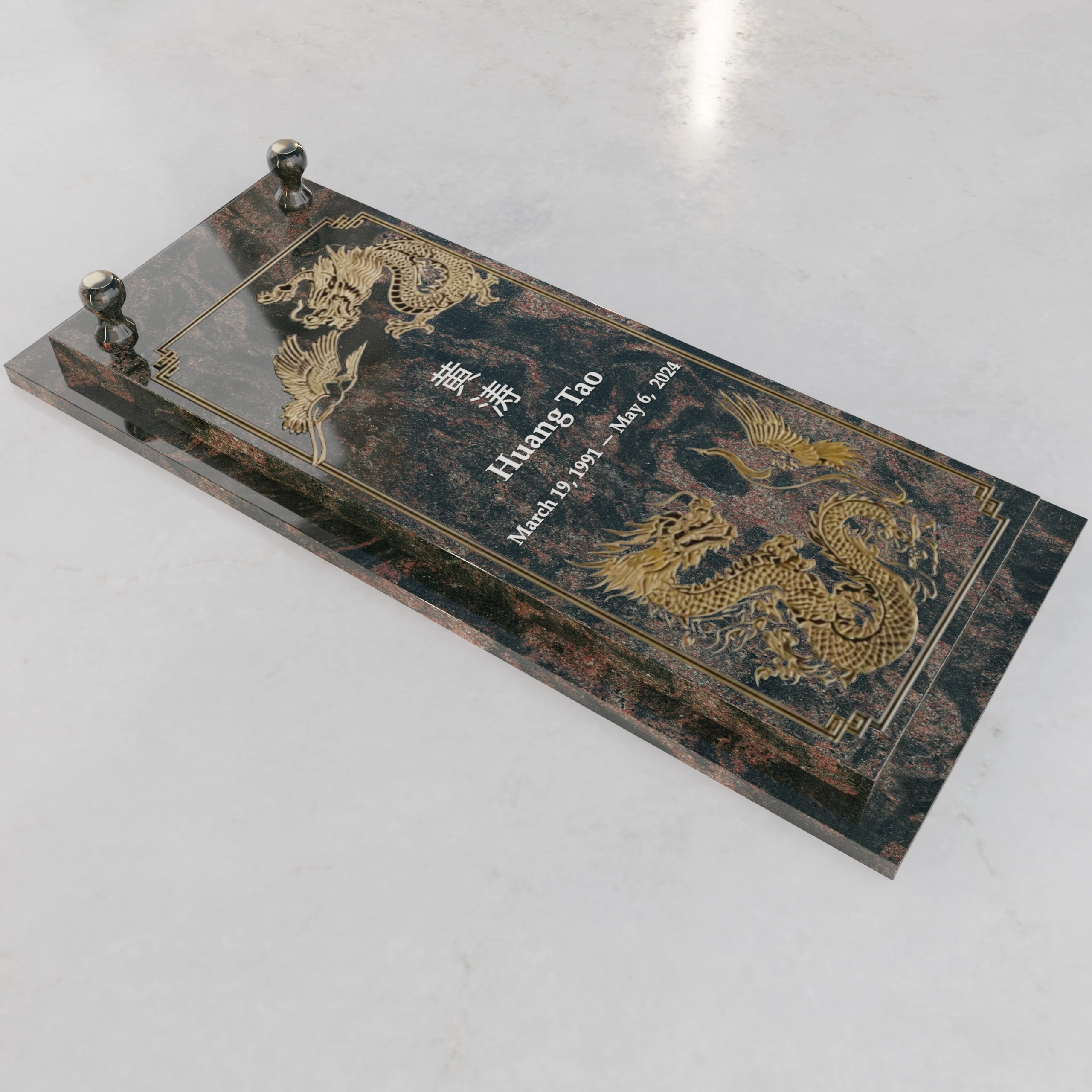 Luxury Asian Dragon & Crane Granite Ledger Memorial view 4