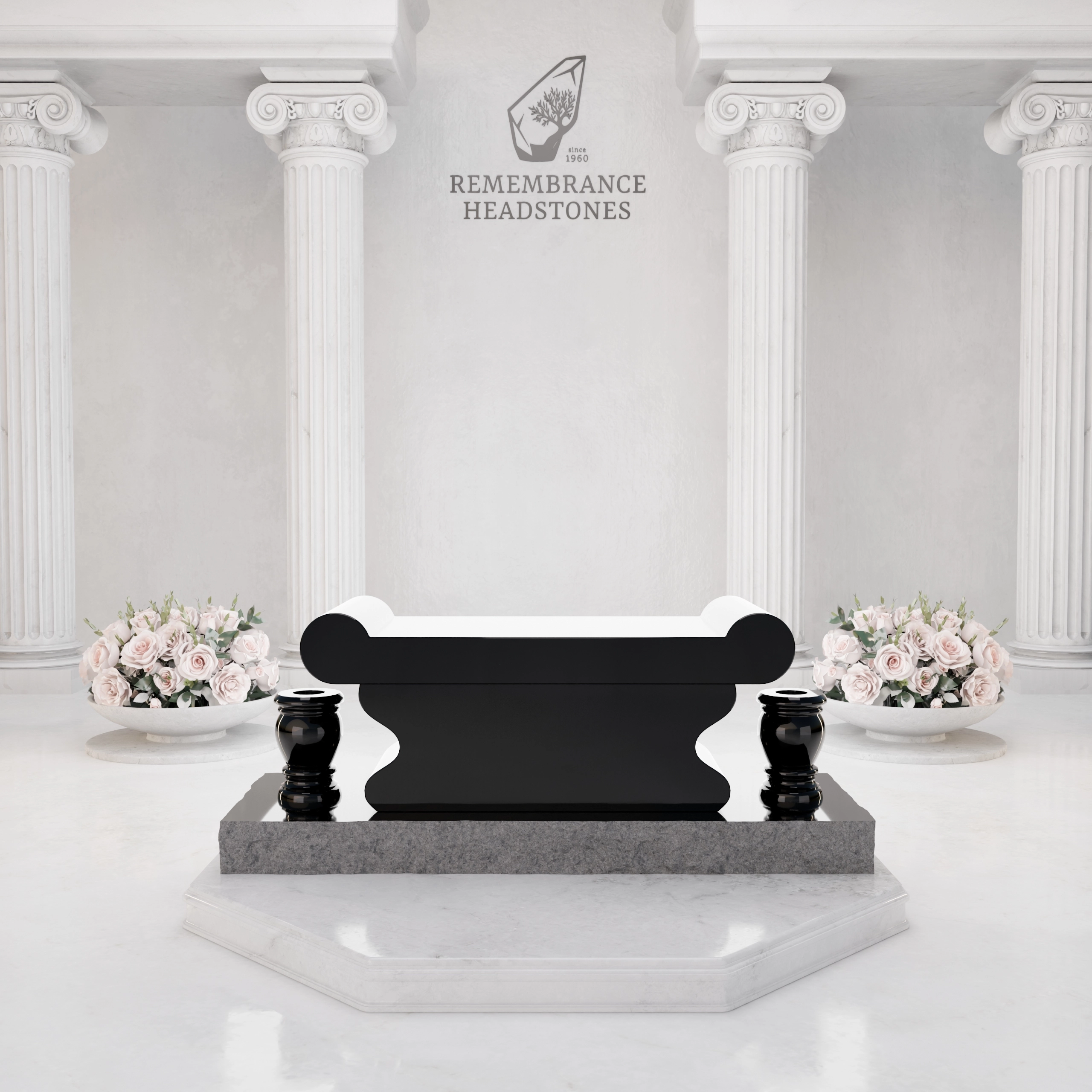 Luxury Jewish Granite Memorial Bench with Rolled Seat & Twin Vases view 3