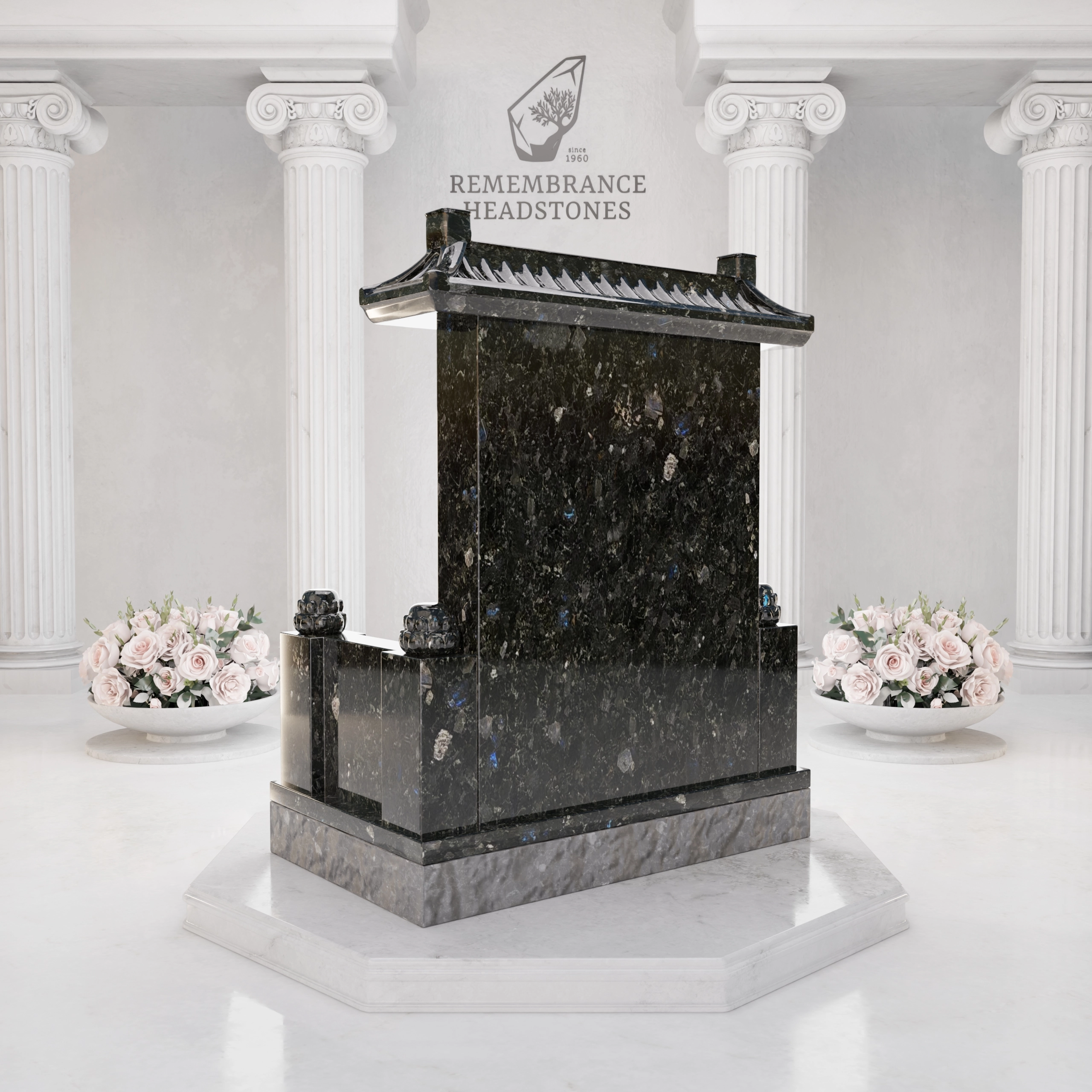Luxury Asian Temple Roof Granite Memorial with Lotus Vase view 4