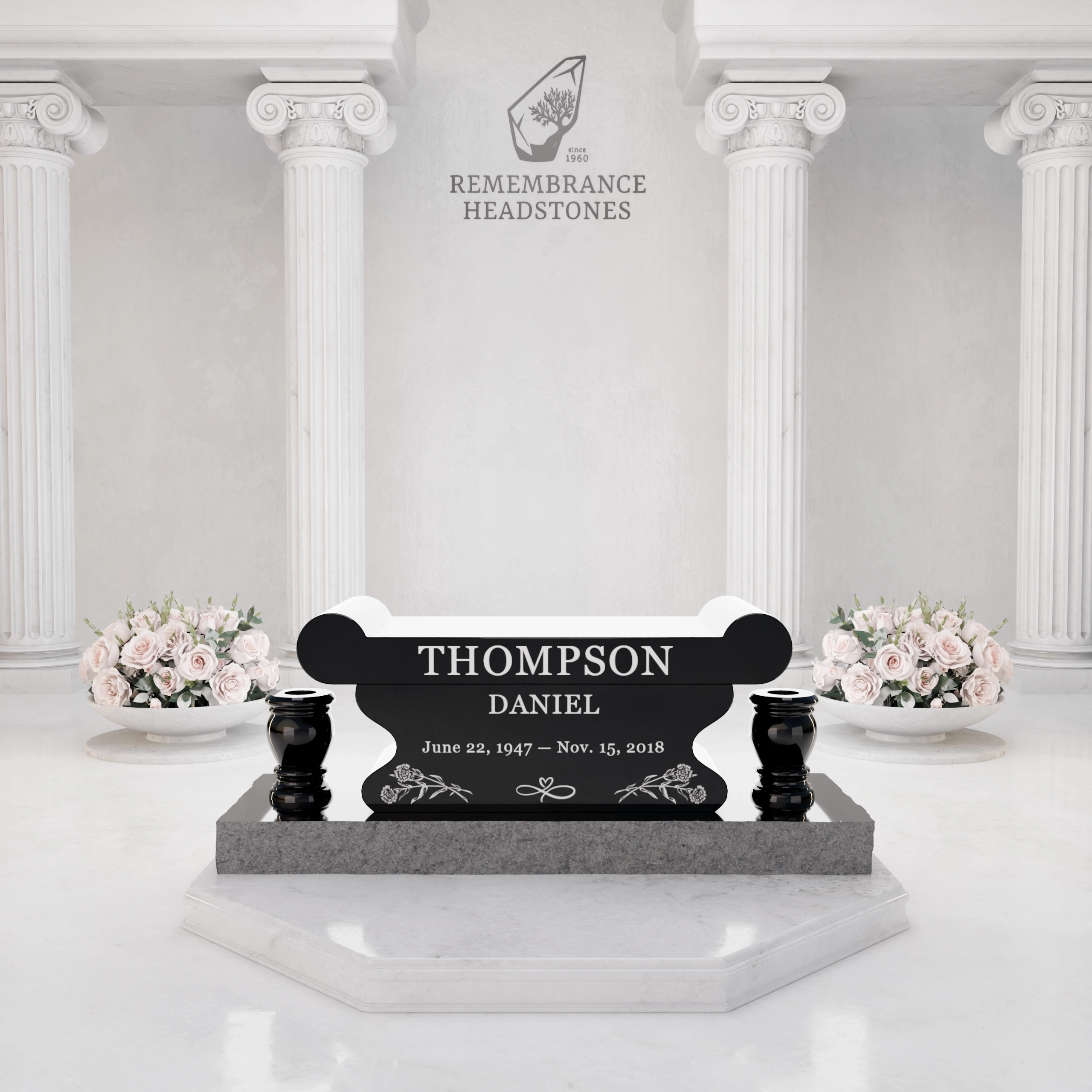 Luxury Jewish Granite Memorial Bench with Rolled Seat & Twin Vases