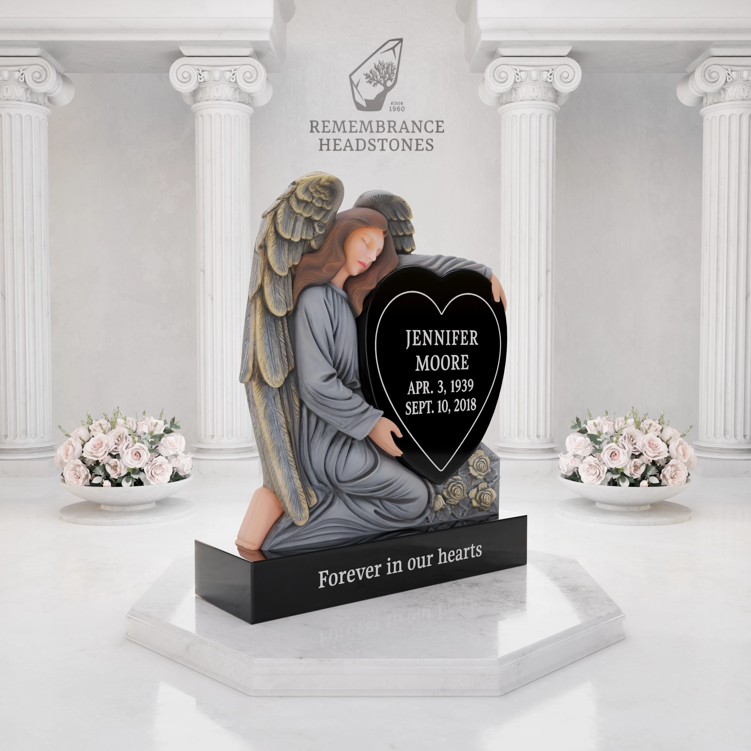 Luxury Guardian Angel Heart Memorial with Roses view 2