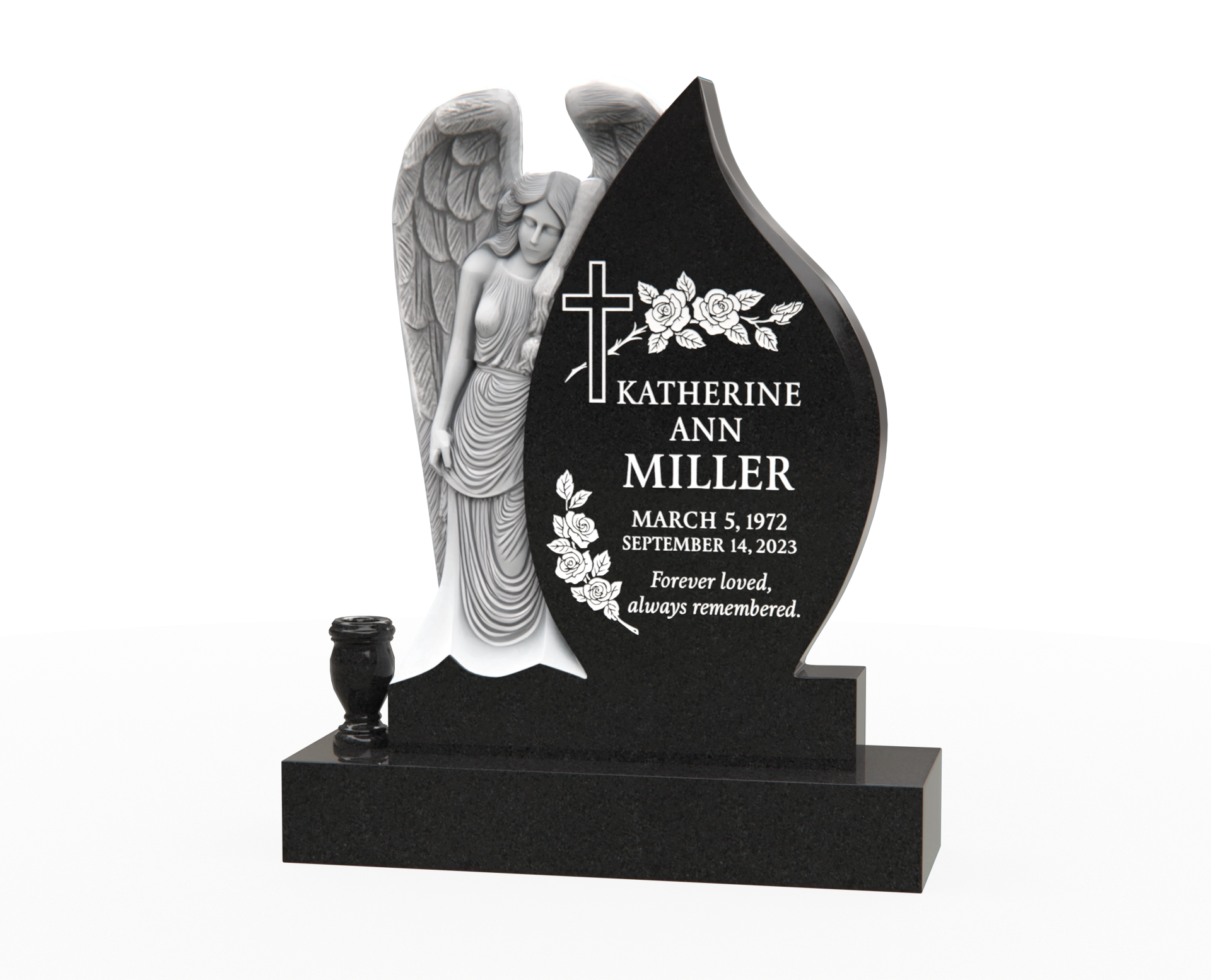 Luxury Teardrop Granite Headstone — Angel Relief, Cross & Roses