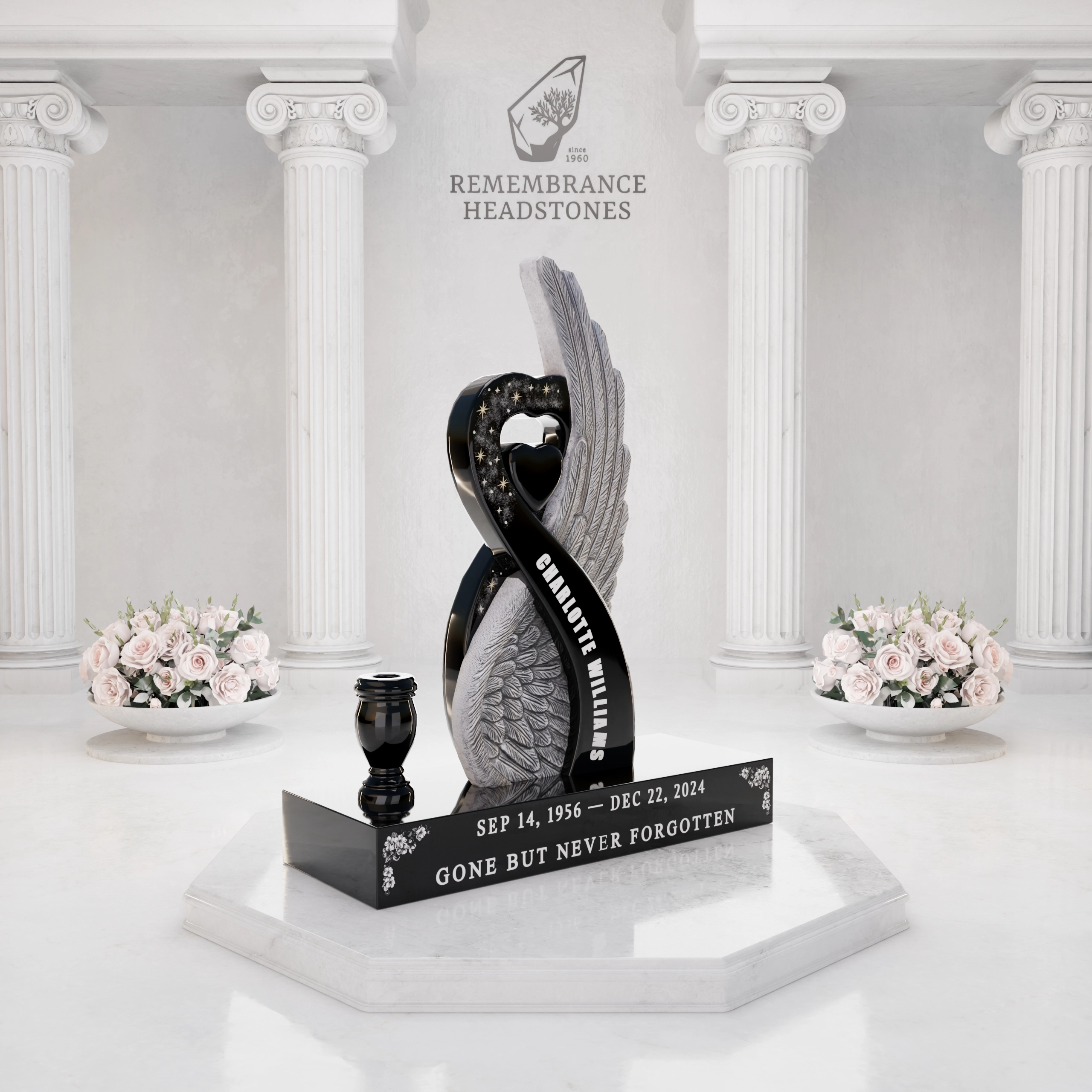Luxury Special-Shape Granite Headstone — Angel Wing & Heart with Crystal Accents view 2