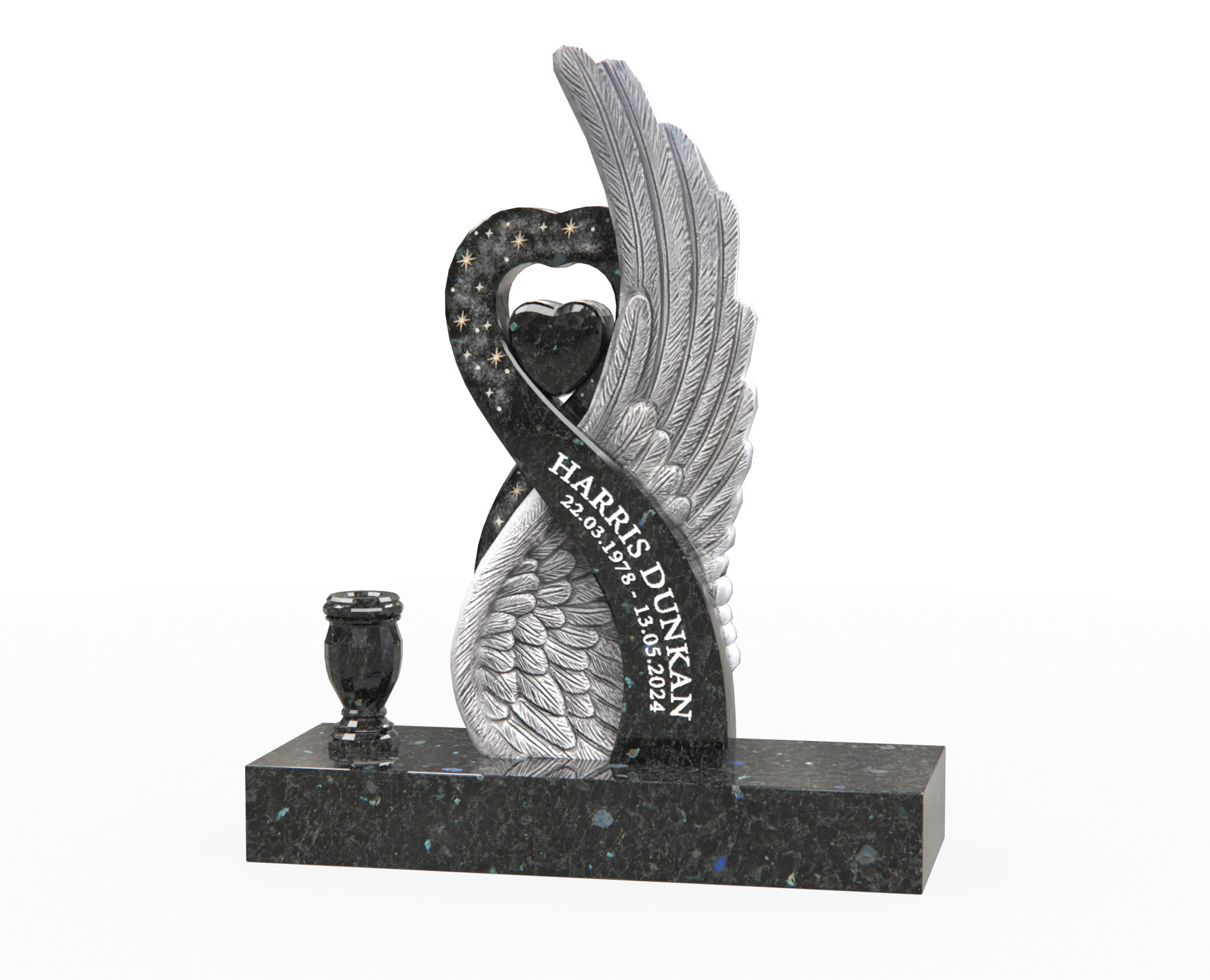 Luxury Special-Shape Granite Headstone — Angel Wing & Heart with Crystal Accents