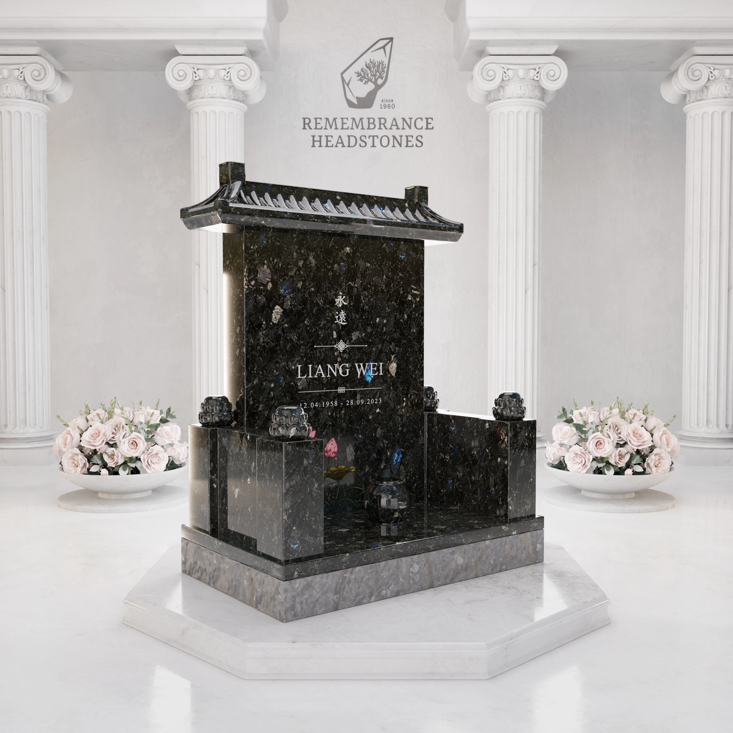 Luxury Asian Temple Roof Granite Memorial with Lotus Vase view 2