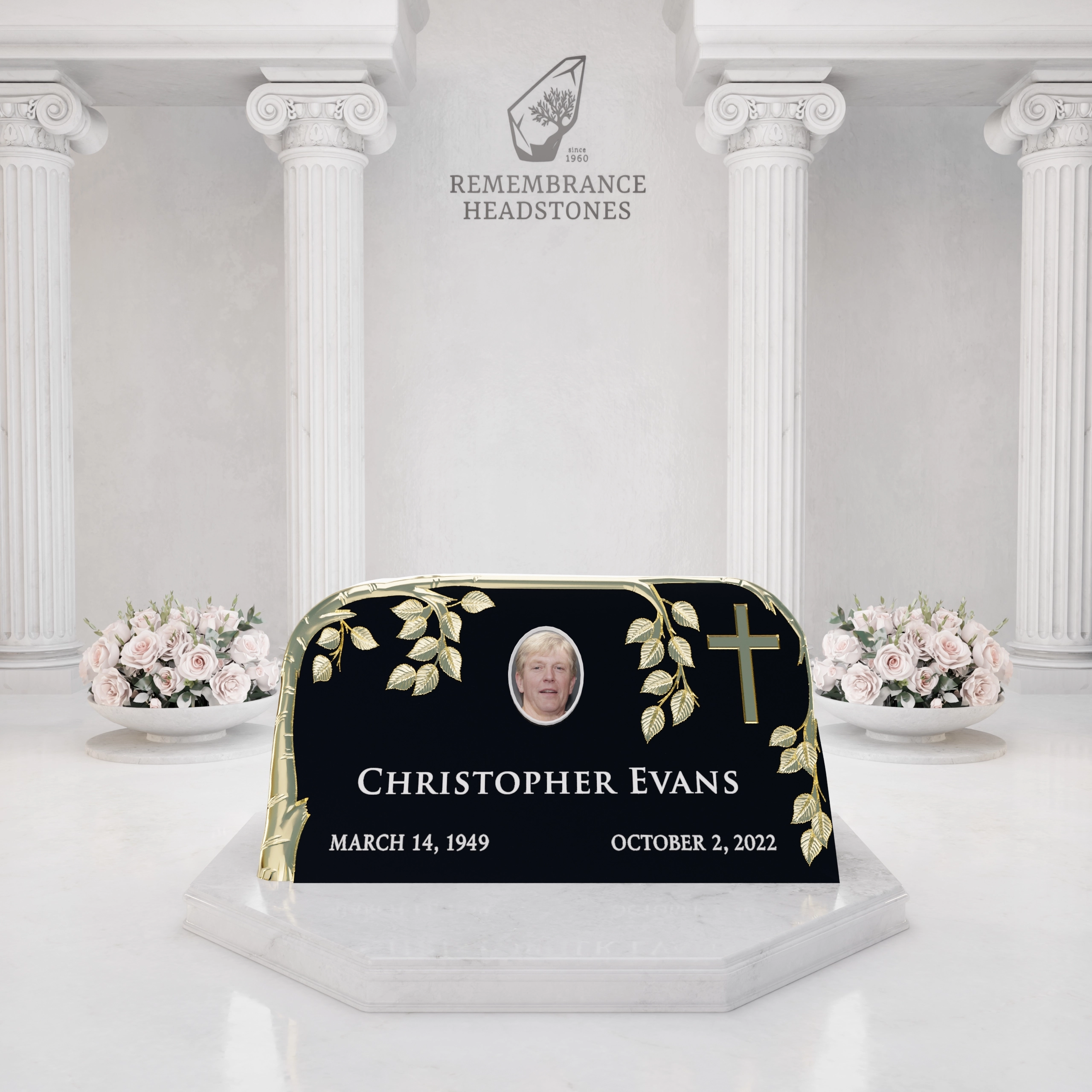 Luxury Slant Granite Headstone with Sculpted Vine & Cross