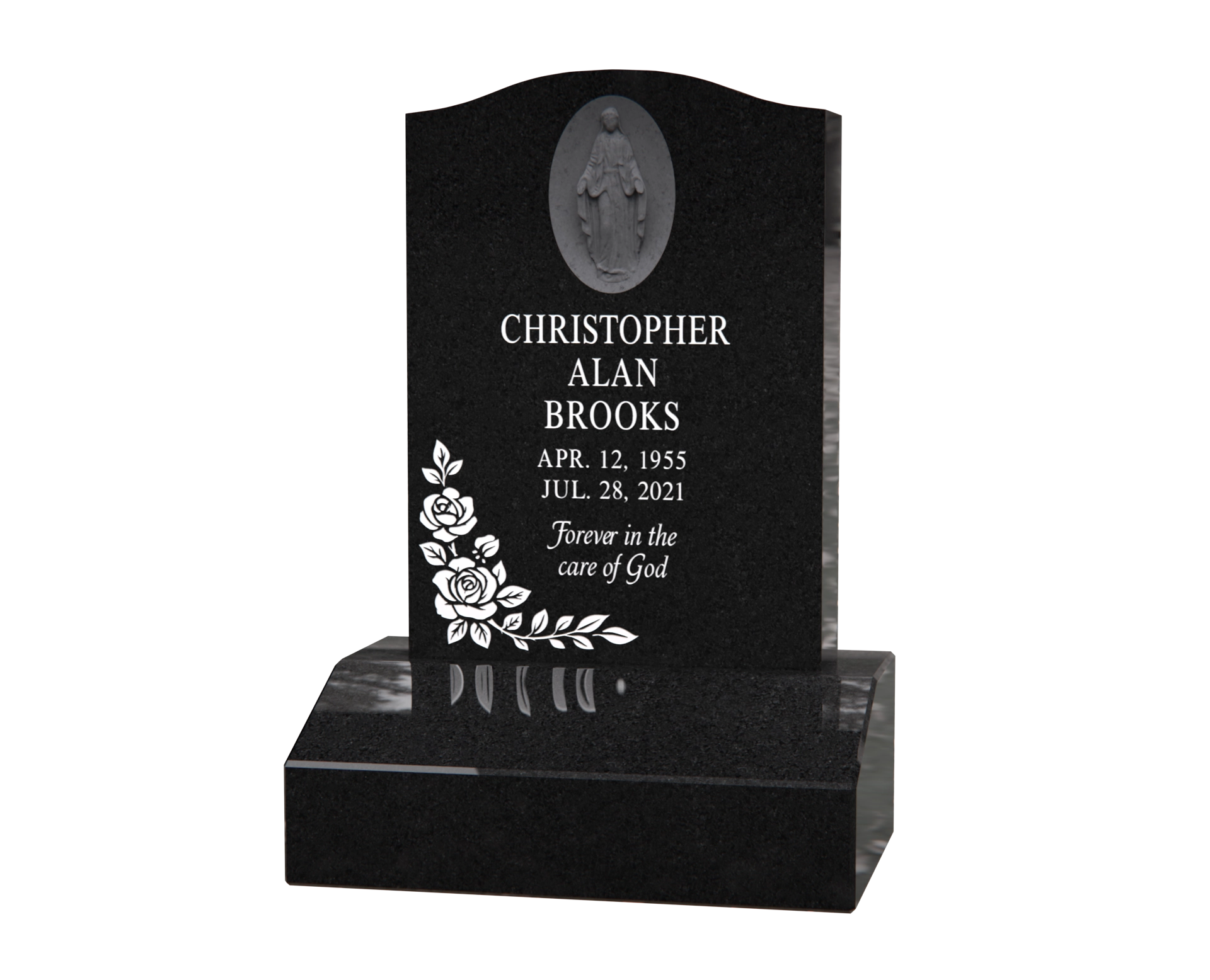 Premium Upright Granite Headstone — Arched Tablet, Virgin Mary Medallion