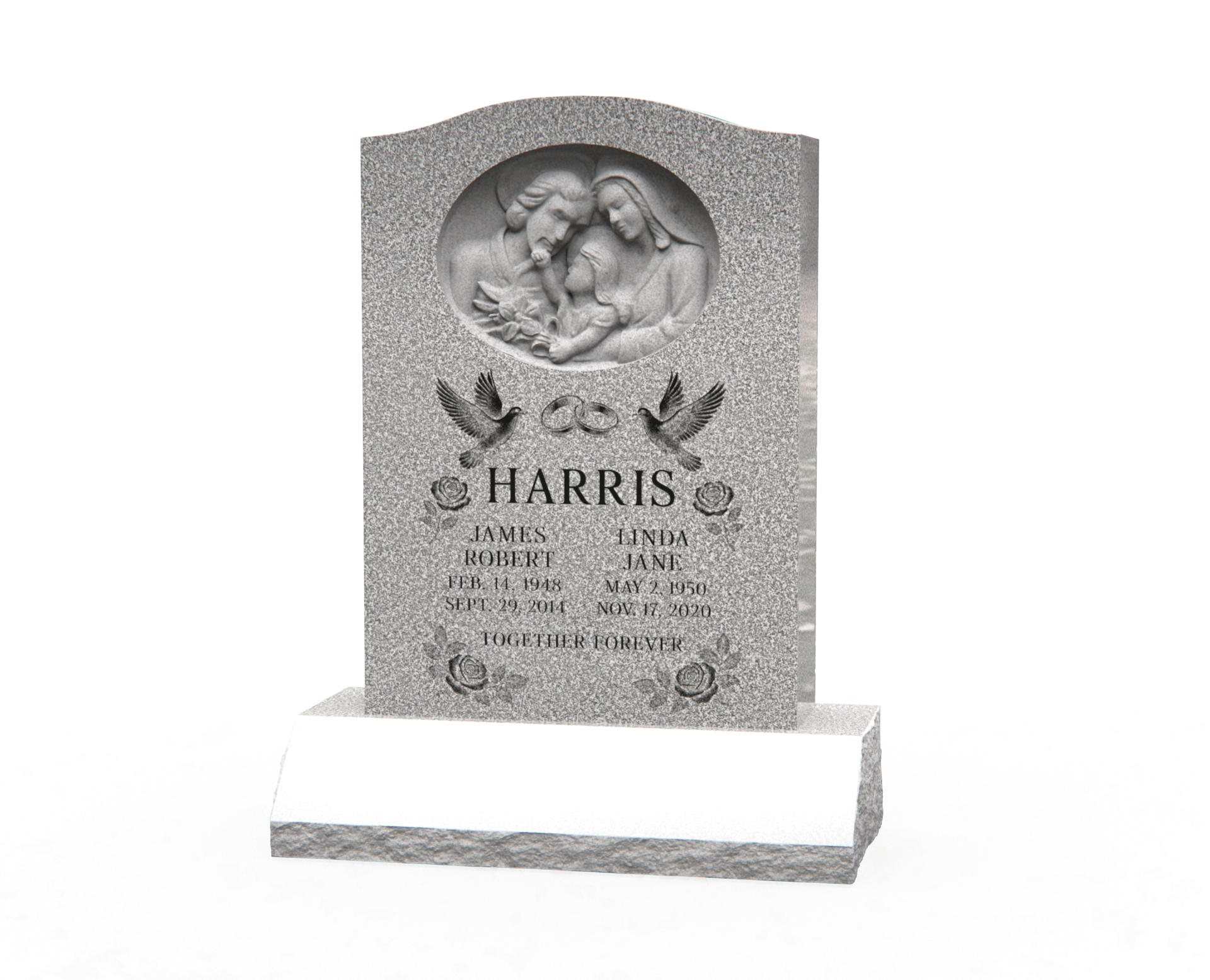 Premium Upright Granite Headstone — Arched Tablet with Holy Family Relief & Doves