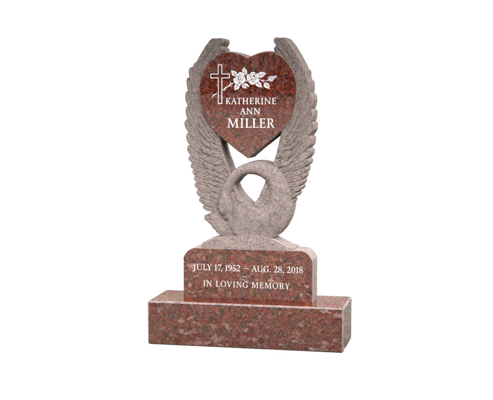 Luxury Special-Shape Granite Headstone — Swan Embrace with Heart