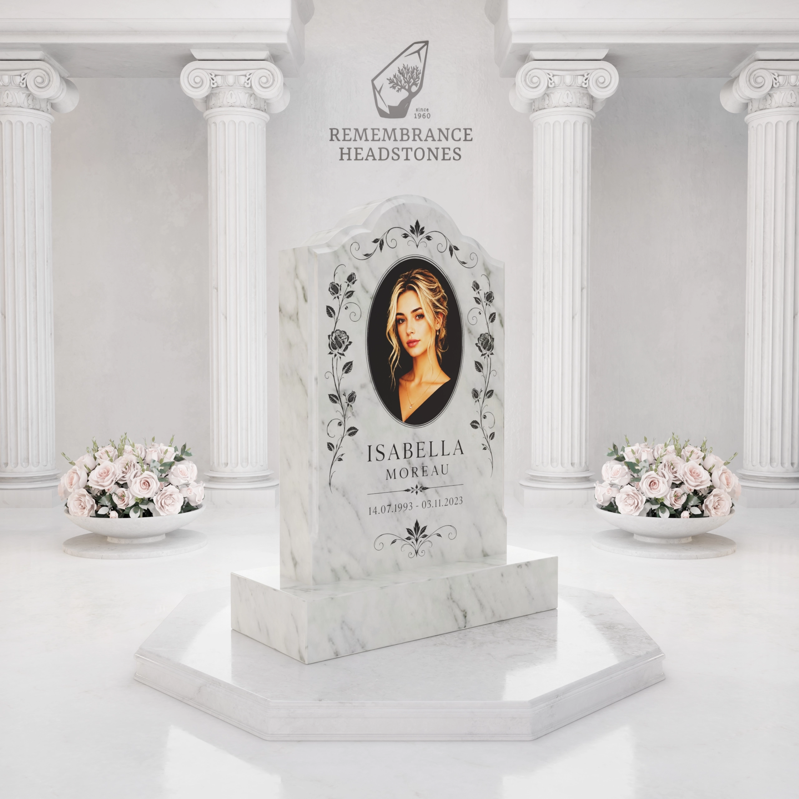 Luxury Floral Portrait Granite Headstone with Ceramic Photo view 2